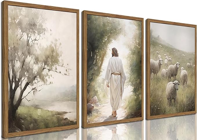 Framed Jesus Leaves the 99 Sheep Canvas Wall Art Set of 3, Christian Pictures Wall Decor, Jesus and Lost Lamb Painting Prints Religious Home Decor for Living Room Bedroom Church Prayer Room 12x16 inch