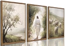 Framed Jesus Leaves the 99 Sheep Canvas Wall Art Set of 3, Christian Pictures Wall Decor, Jesus and Lost Lamb Painting Prints Religious Home Decor for Living Room Bedroom Church Prayer Room 16x24 inch