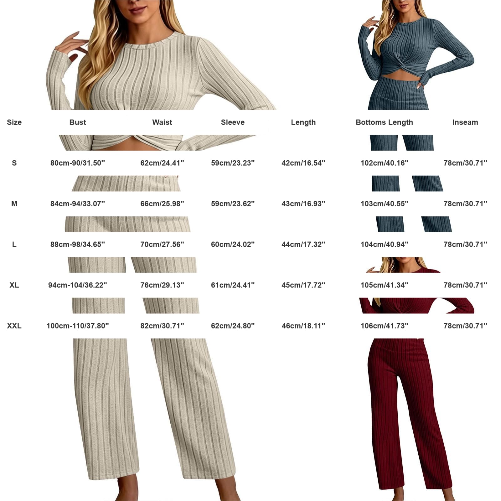 Set da donna lavorato a maglia, 2 pezzi, autunno, elegante, slim fit | Tuta da jogging in maglia con scollo rotondo, slim fit, gamba larga, pantaloni dritti, due pezzi, a costine