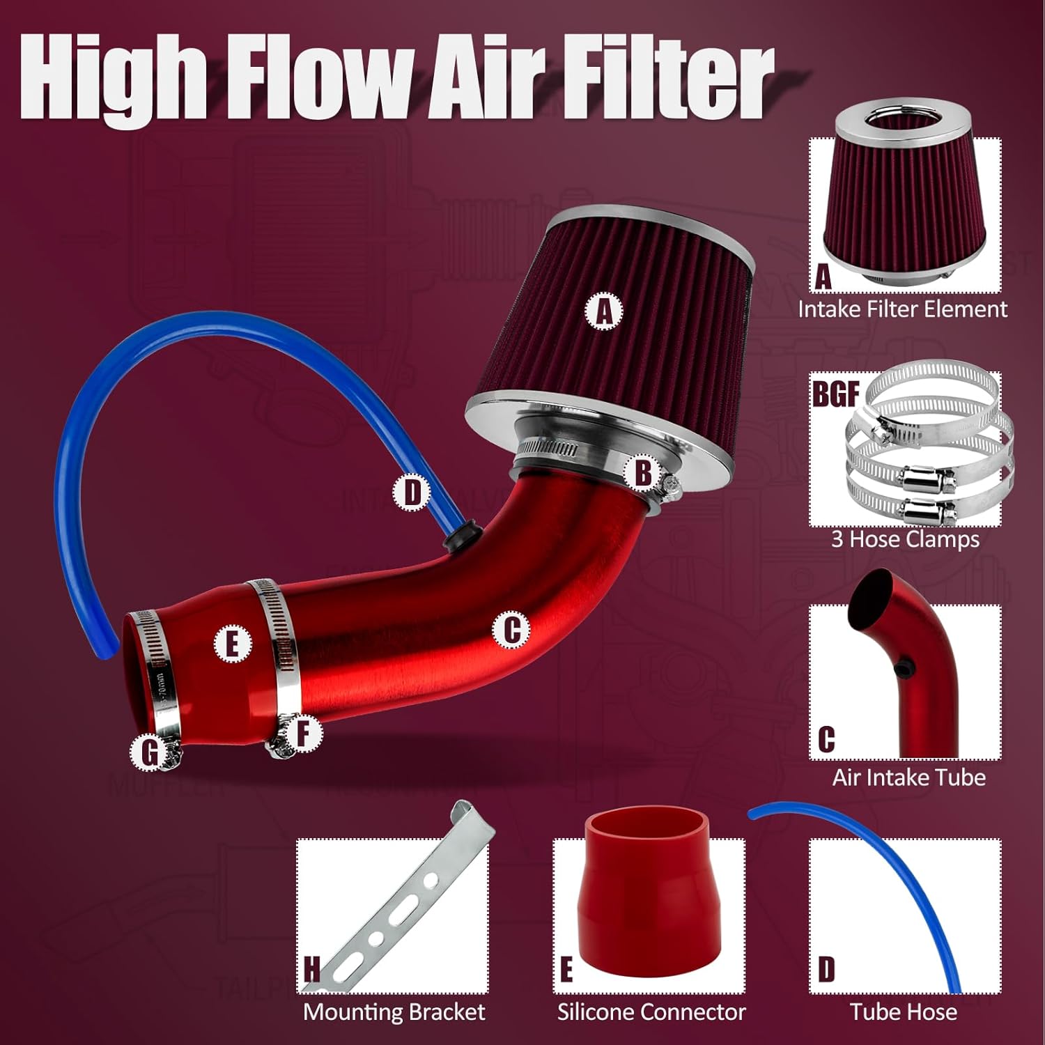 Catekro 3'' Universal Cold Air Intake, High Flow Performance Aluminum Cold Air Intake Kit with Washable Filter Filtro de Alto Flujo Increase Horsepower & Acceleration for Automobile (Red)