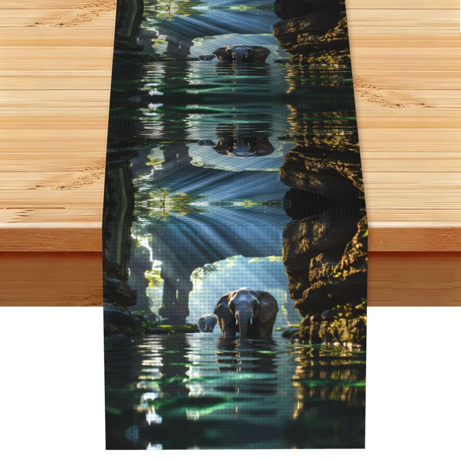Asian elephant in the water Linen Feel Table Runner Wedding Party Home Decoration