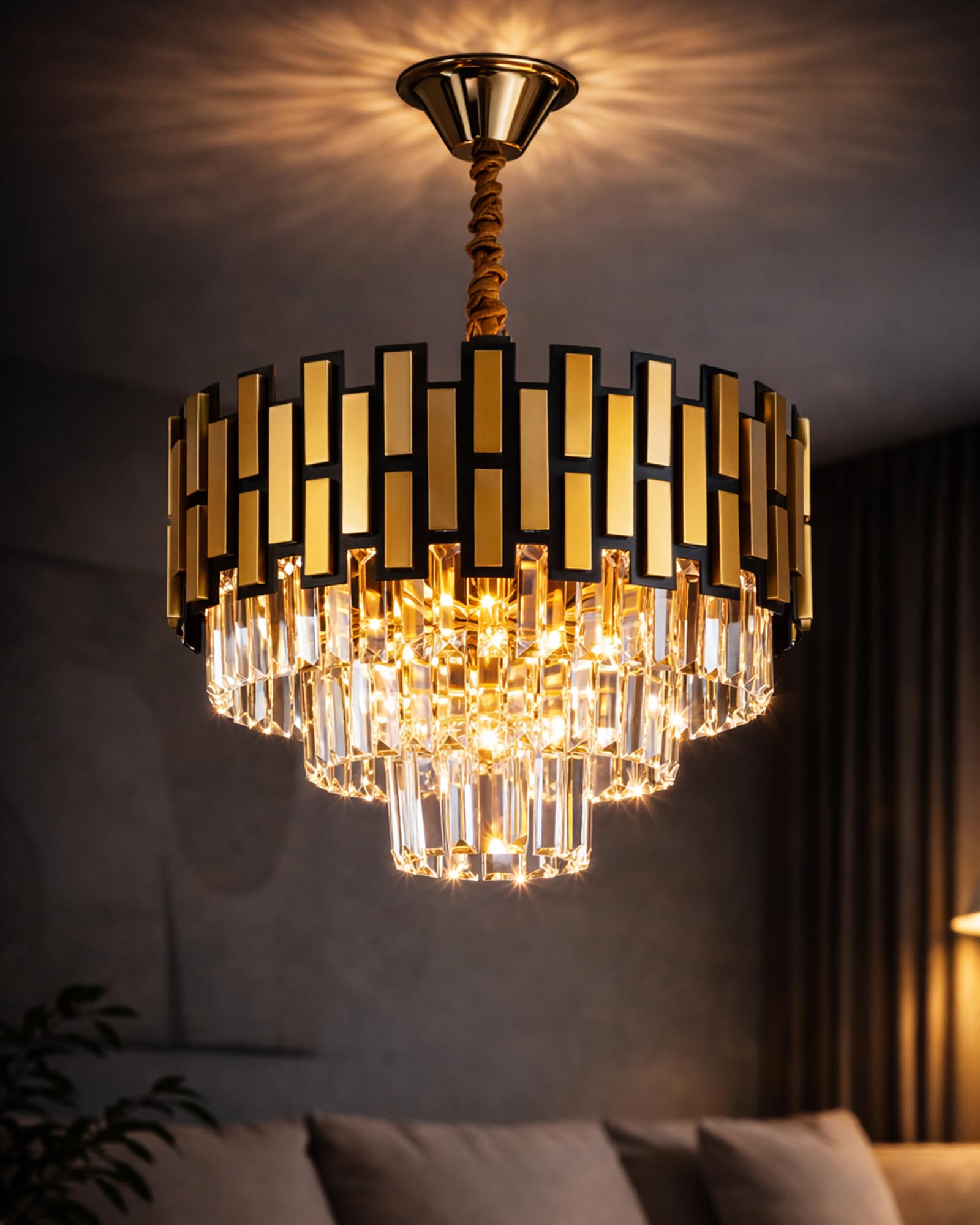 Homesake® Modern Black Gold Crystal Chandelier 5 Lights, 15.7 Inch Round 3-Tier Ceiling Pendant Light Fixture for Living