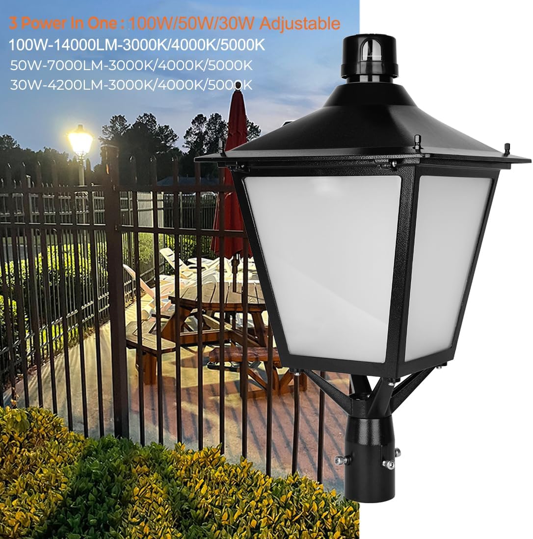 100W-50W-30W Tunable LED Post Top Light with Photocell,3000K-4000K-5000K CCT Color Adjustable,Dusk to Dawn Area Pole Top Lights,AC100-277V,Commercial IP65 Street Light