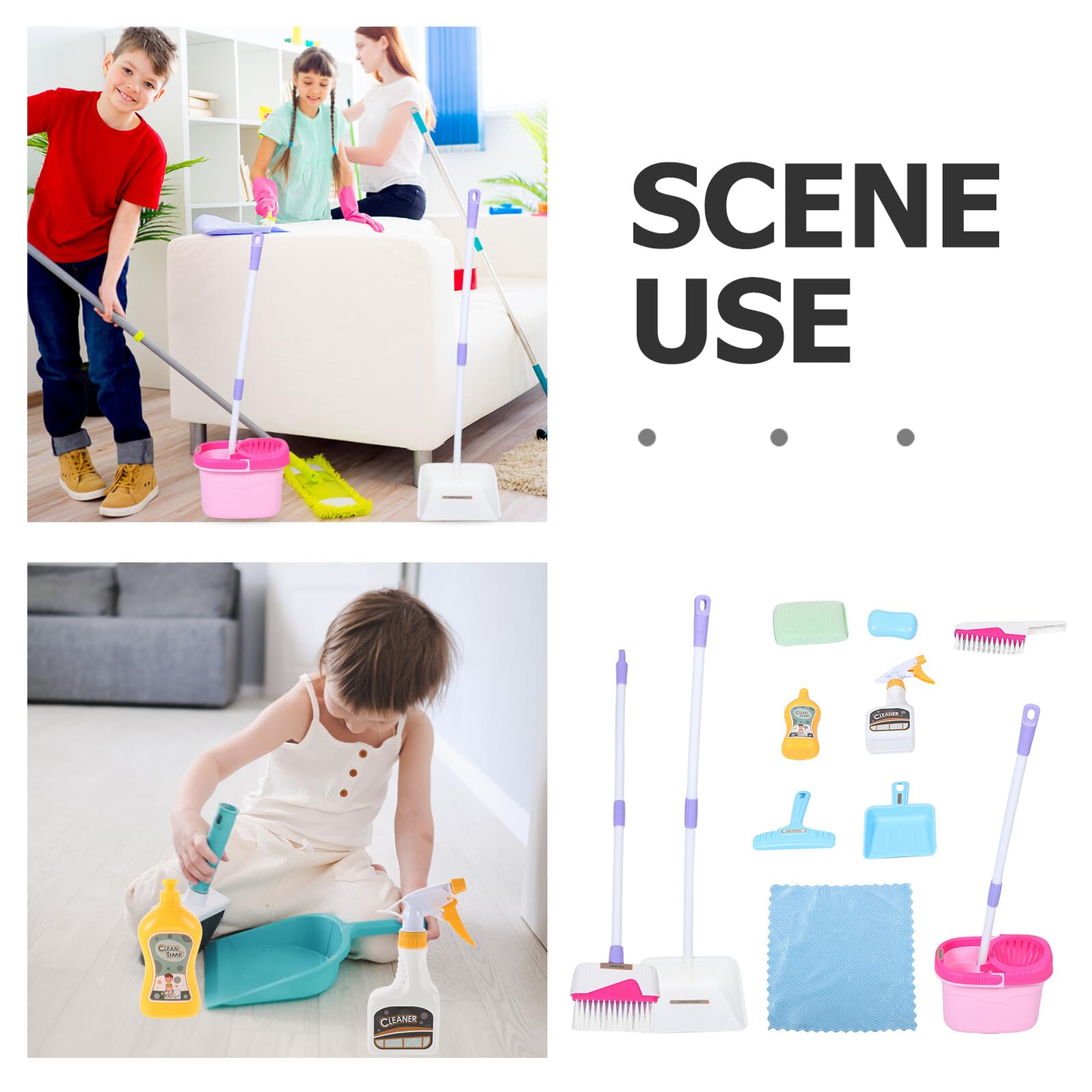 Juego de Limpieza Infantil 12 Piezas para Pequeños, Recogedor de Basura y Escoba de Plástico Rosa, Juguetes Interactivos para Mejorar Coordinación y Juego de rol Doméstico