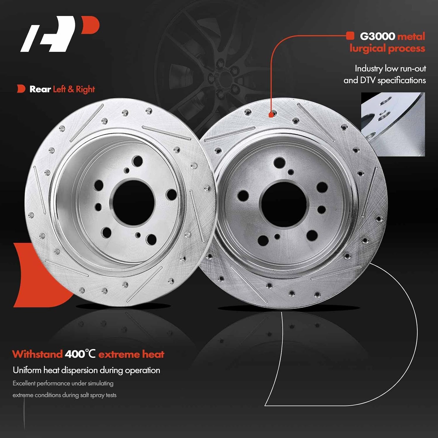 A-Premium 10.59 inch (269mm) Rear Drilled and Slotted Disc Brake Rotors + Ceramic Pads Kit Compatible with Select Toyota Models - Avalon 2005-2007, Camry 2002-2006, Solara 2004-2008, 6-PC Set