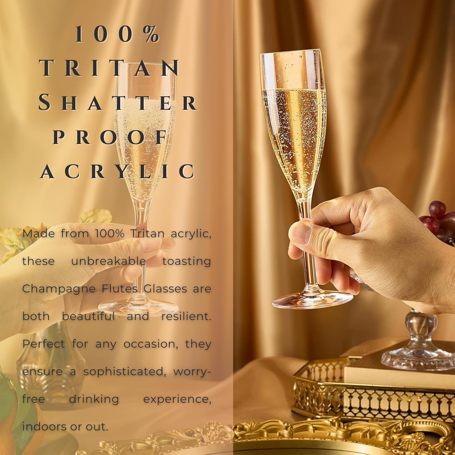 European Style Unbreakable Tritan Acrylic Champagne Flutes Glasses | Set of 6 | Style Reusable Toasting Cups Drinkware, 7 oz Dishwasher Safe BPA-free plastic, Wedding, Poolside Inside & Outdoors