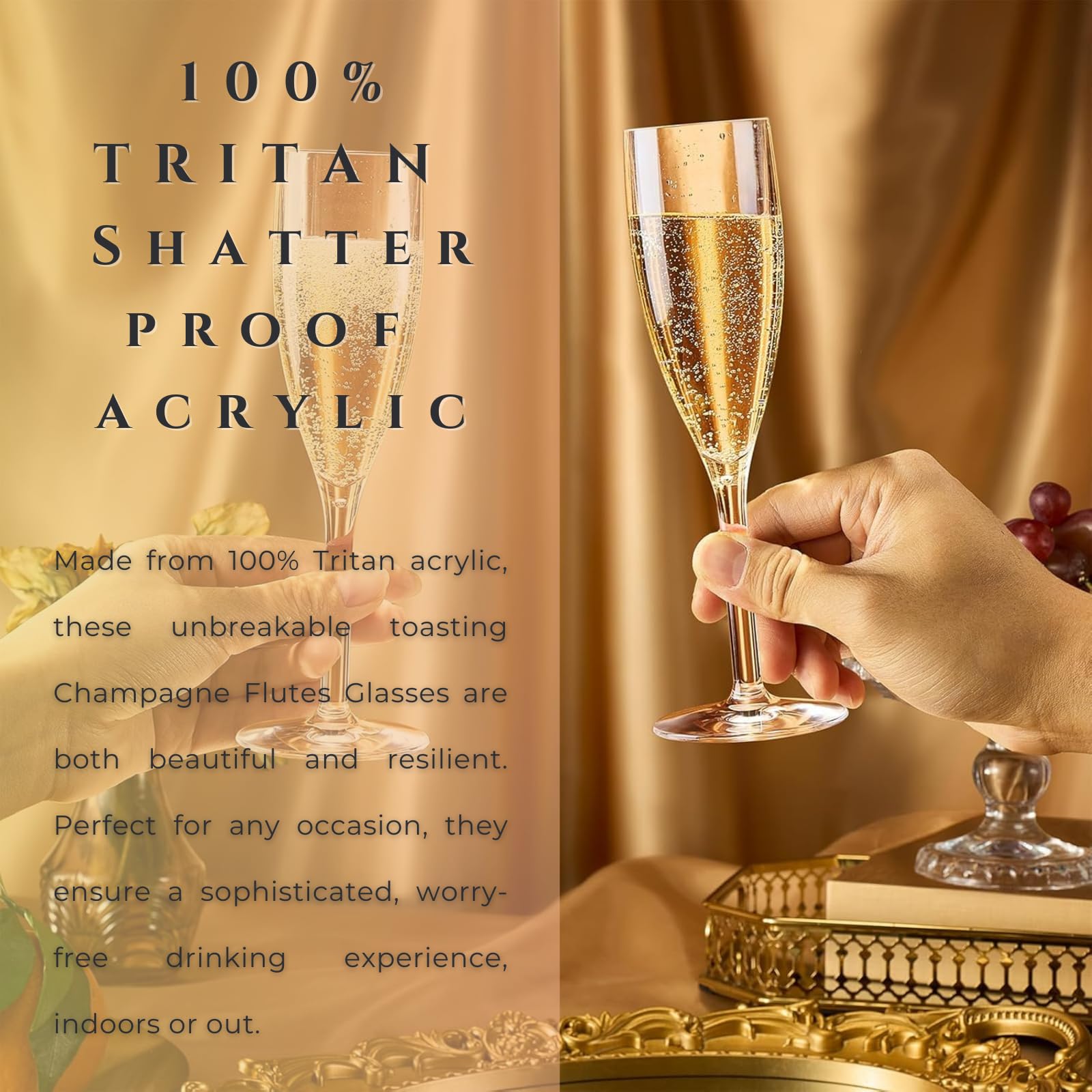 European Style Unbreakable Tritan Acrylic Champagne Flutes Glasses | Set of 6 | Style Reusable Toasting Cups Drinkware, 7 oz Dishwasher Safe BPA-free plastic, Wedding, Poolside Inside & Outdoors