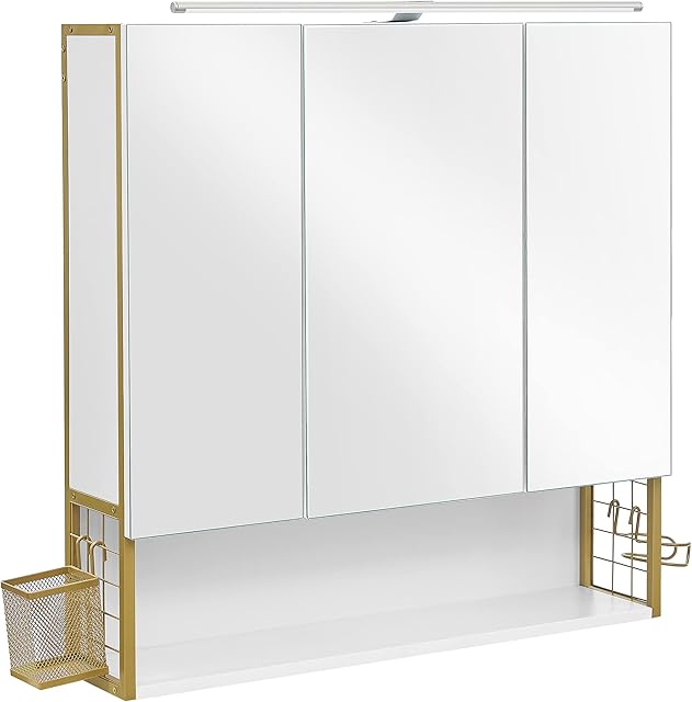 VASAGLE Bathroom Mirror Cabinet, Wall Cabinet with LED Light, 3-Door Wardrobe, with Adjustable Shelf, Hairdryer Holder, Storage Basket, Modern Chic Style, White and Gold BBK125A10