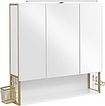 VASAGLE Spiegelschrank Bad mit Beleuchtung, Badezimmerschrank, integriertes Kabel, Badschrank, Wandschrank, hÖhenverstellbare Ablage, 3 TÜre, modern, weiß-grÜngoldfarben BBK124A10