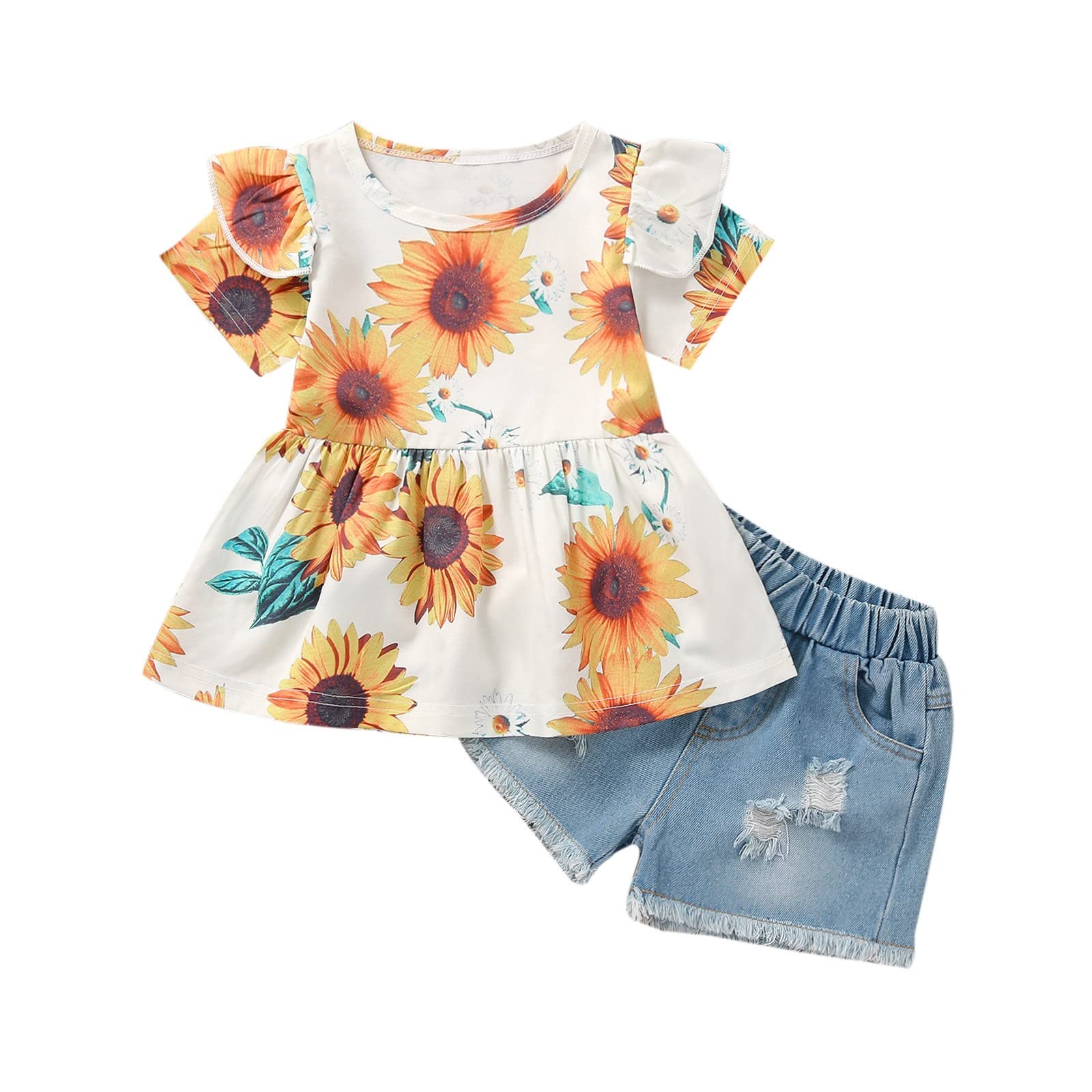 Ruiyete Ruiyete Conjunto de ropa de girasol para niños pequeños y niñas, 2 unidades, ropa de verano, mangas con volantes, color amarillo, 2-3 años
