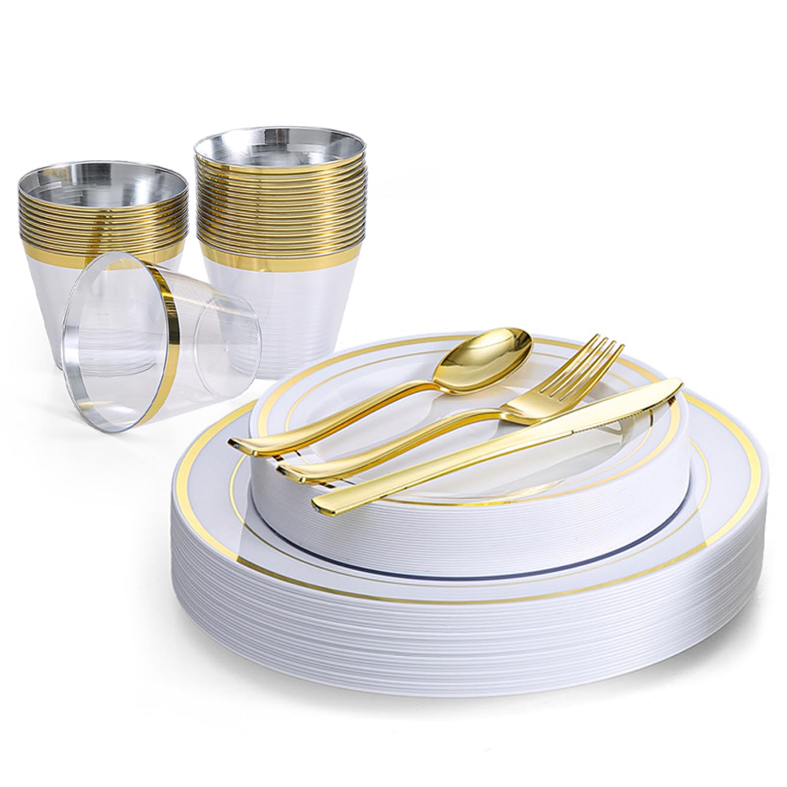 150 Stück wiederverwendbares goldfarbenes Kunststoff-Set, 25 flache Teller, 25 Salatteller, 25 Messer, 25 Gabeln, 25 Löffel, 25 Tassen, für Hochzeit, Garten, Party