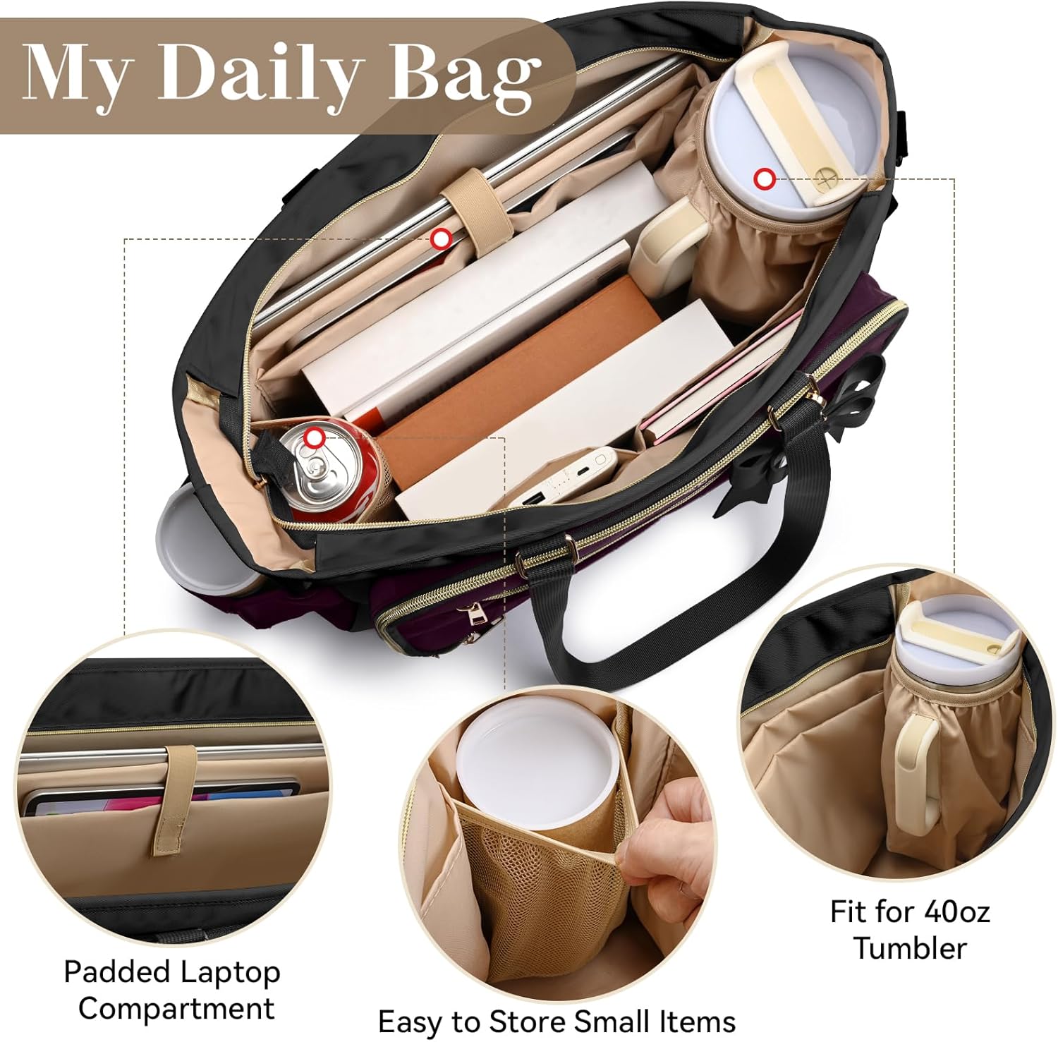 Teacher Tote Bag for Women,Multi-Pocket Laptop & Nurse Work Bag with Cup Holder,Structured Business Briefcase Computer Purse