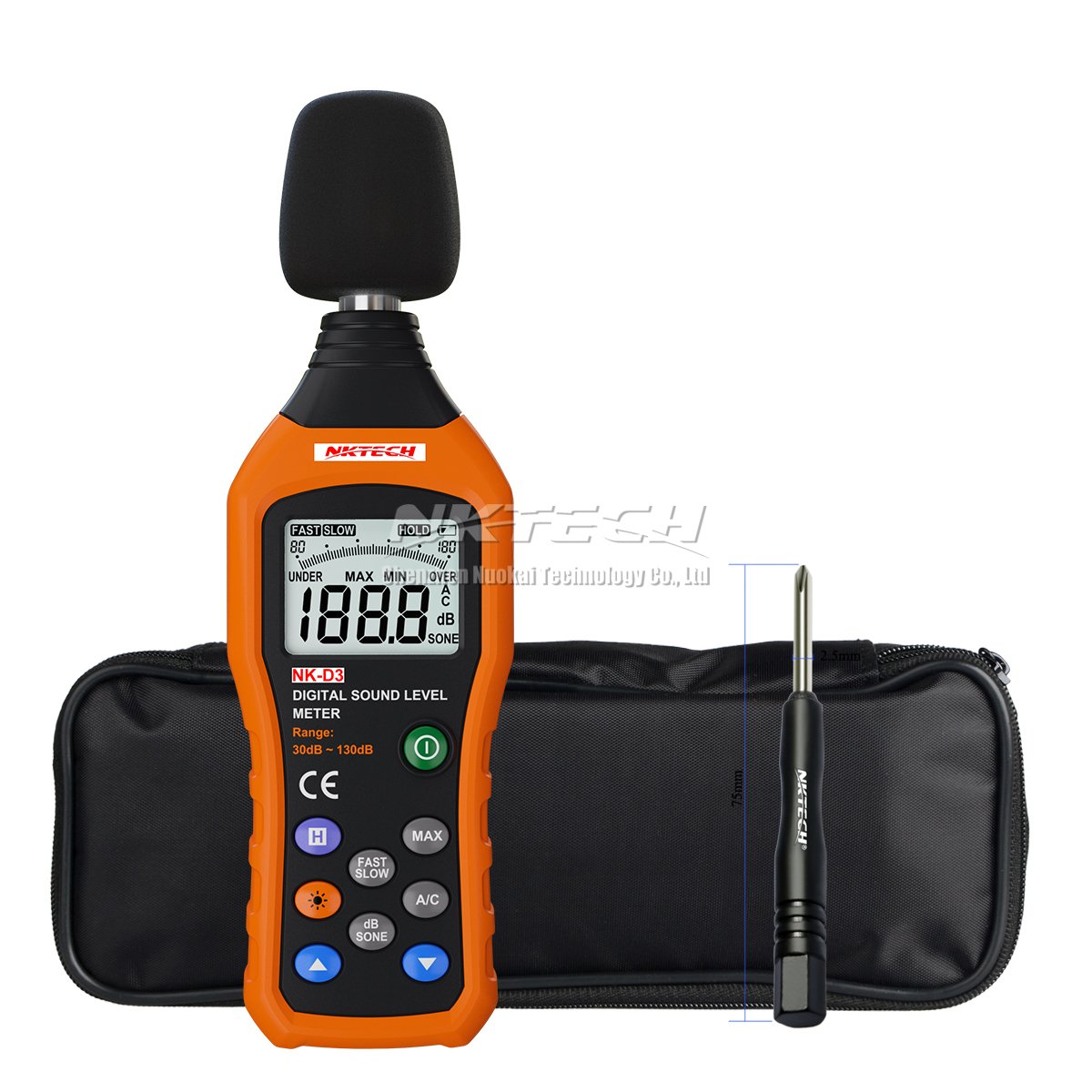 NK-D3 cyfrowy miernik poziomu hałasu Logger Tester audio Decibel Monitor 30-130 dB Dokładność 1,5 dB z dużym ekranem LCD Szybki / powolny wybór śrubokręt TL-1