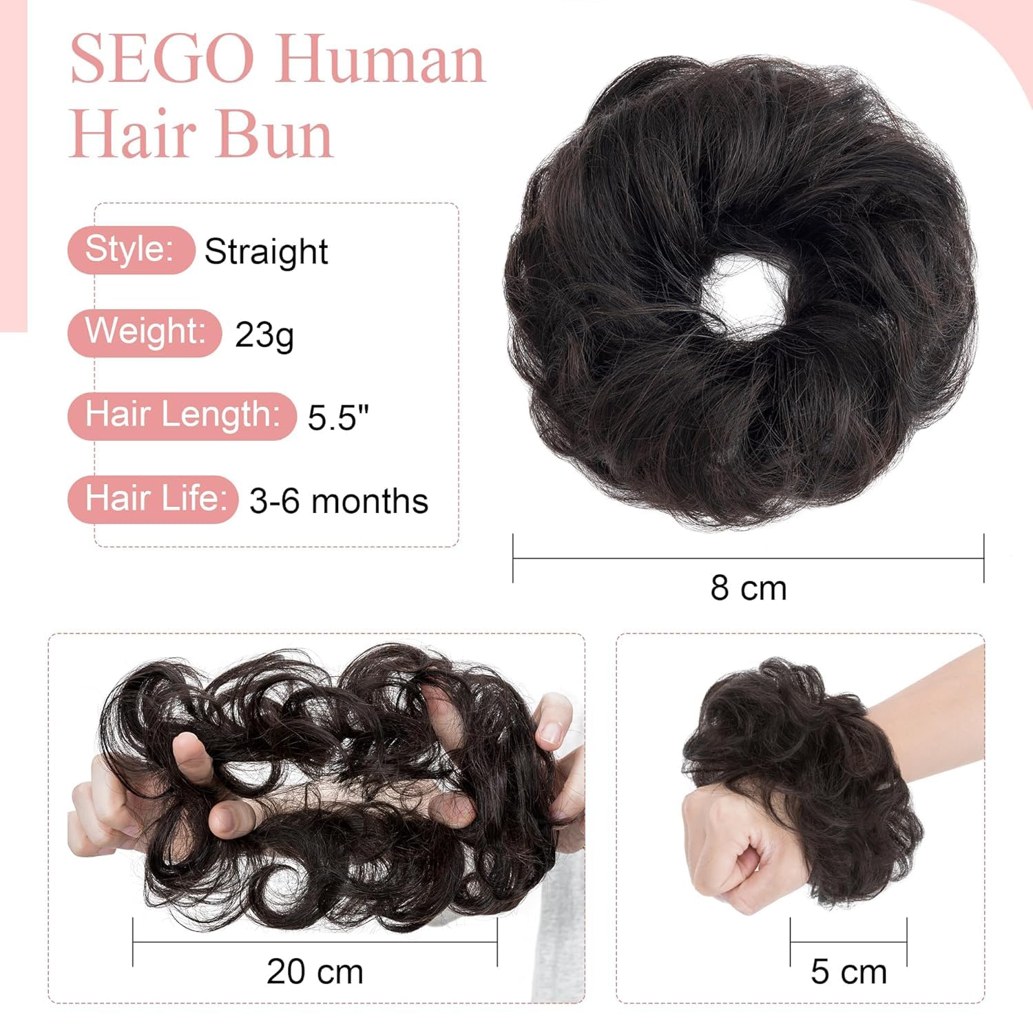 SEGO Human Hair Messy Bun Hair Scrunchies Curly Wavy Hair Piece Real Remy Donuts Updo Chignon For Women Girls,#1B Natural Black - Image 3