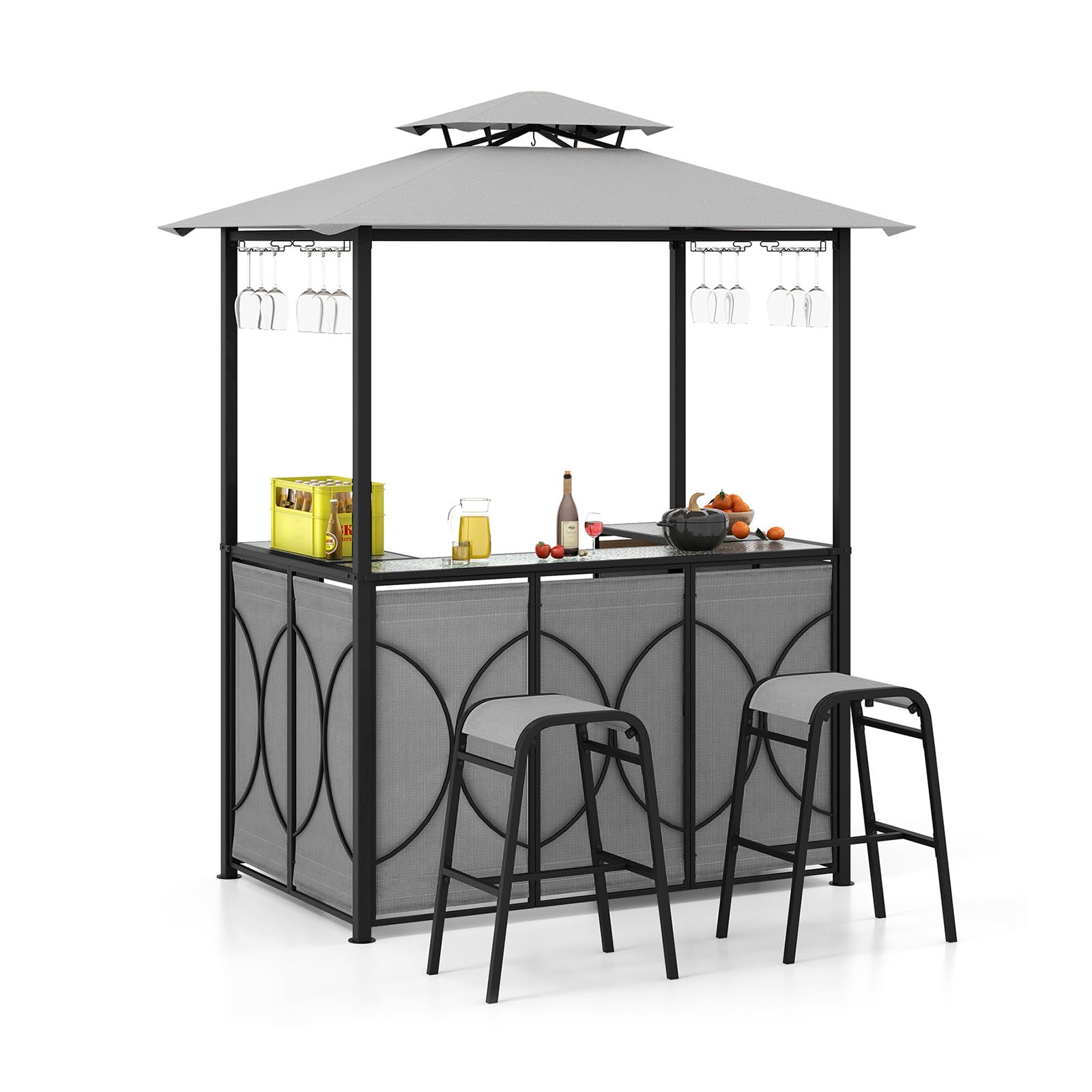 GYMAX Set da Barbecue da Esterno 3 Pezzi con Gazebo per Griglia, Gazebo da Patio con Tavolo da Bar in Vetro Temperato, 2 Sgabelli da Bar, Scaffali di Stoccaggio, Portabevande in Vetro, Gazebo BBQ