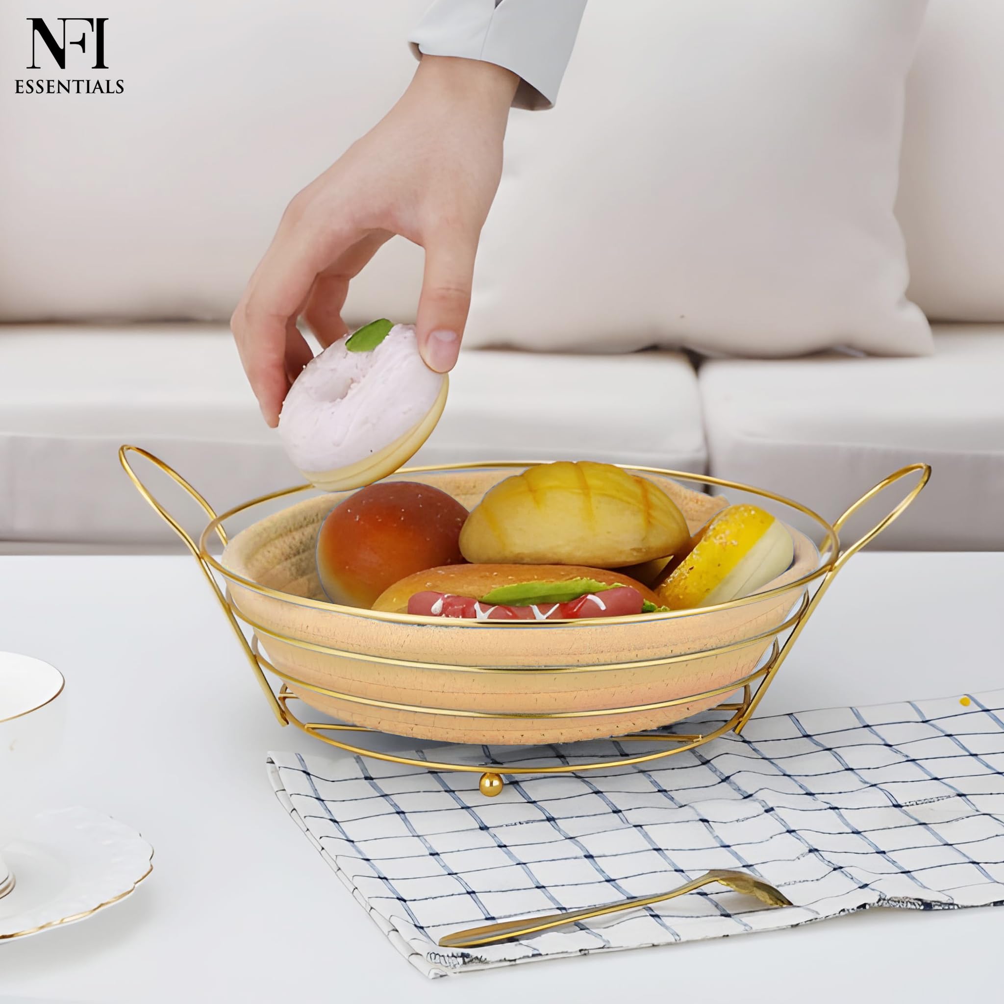NFI essentials Handcrafted Decorative Fruit Basket with Golden Metal Frame & Woven Jute Base, Serving Bread Basket Elegant Storage Organizer for Home, Kitchen, Dining Table, Decor 1