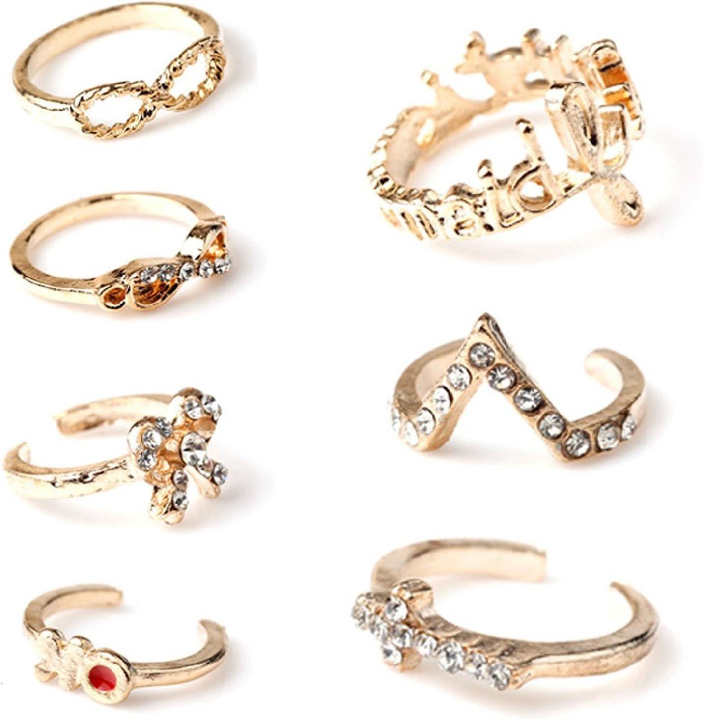 1 Set 7PCS Punk Crystal Bowknot Knuckle Midi mid Finger Tip Stacking Rings