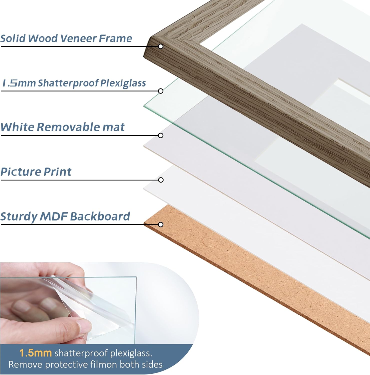 11x14 Picture Frame with Mat to 8x10 Dark Oak Solid Wood Veneer 11x14 Frame with Shatterproof Plexiglass Brown Wooden 11 x 14 Picture Frames for Wall Gallery Home Decor, 1 Pack - Image 3