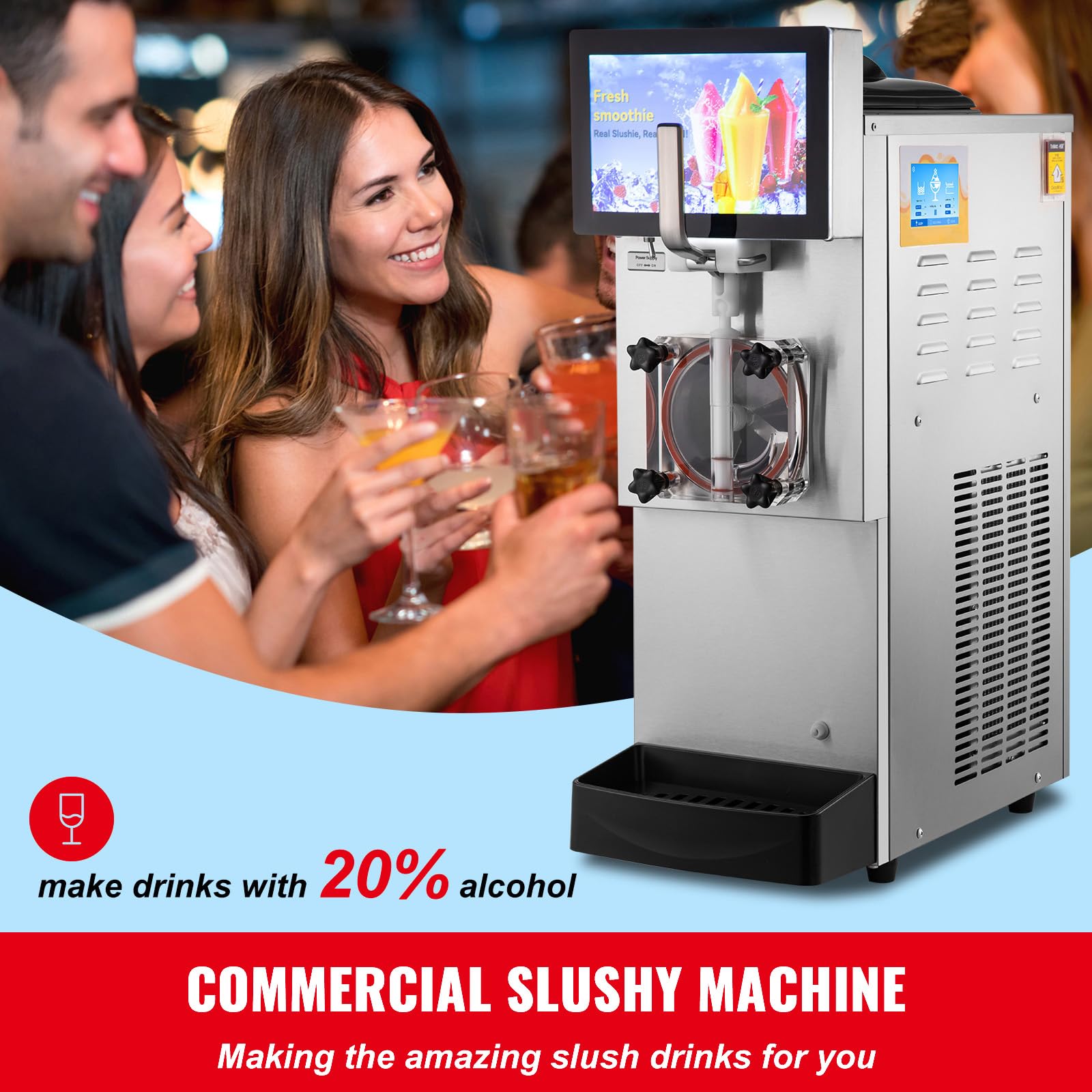 Happybuy Commercial Slushy Machine, 8L Single Bowl, 1050W Stainless Steel Margarita Maker with Cool & Freeze Modes for Parties, Cafés, Restaurants, and Bars