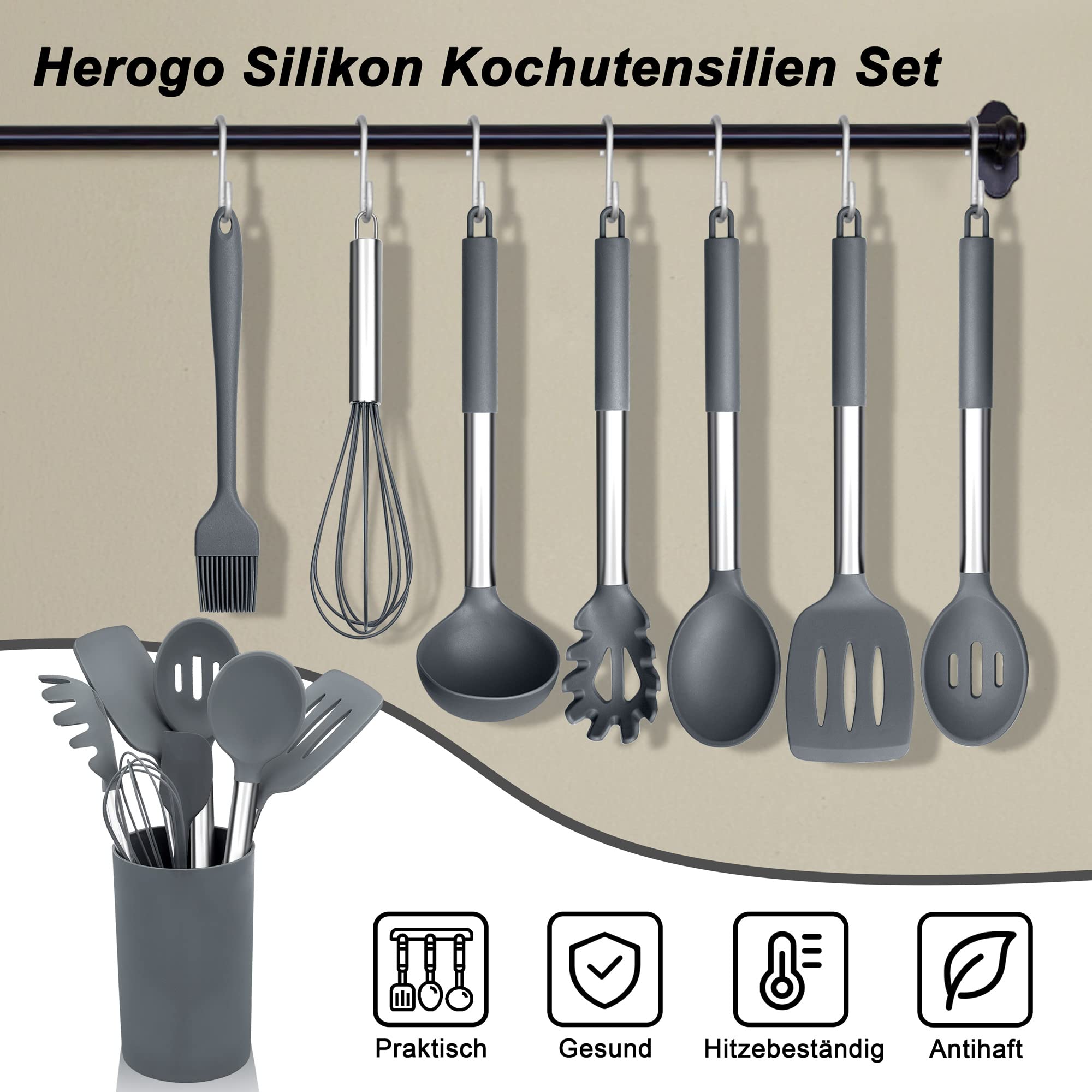 Herogo Set di utensili da cucina in silicone, 22 pezzi, set di posate da cucina con supporto per utensili, utensili da cucina resistenti al calore con manico in acciaio inox