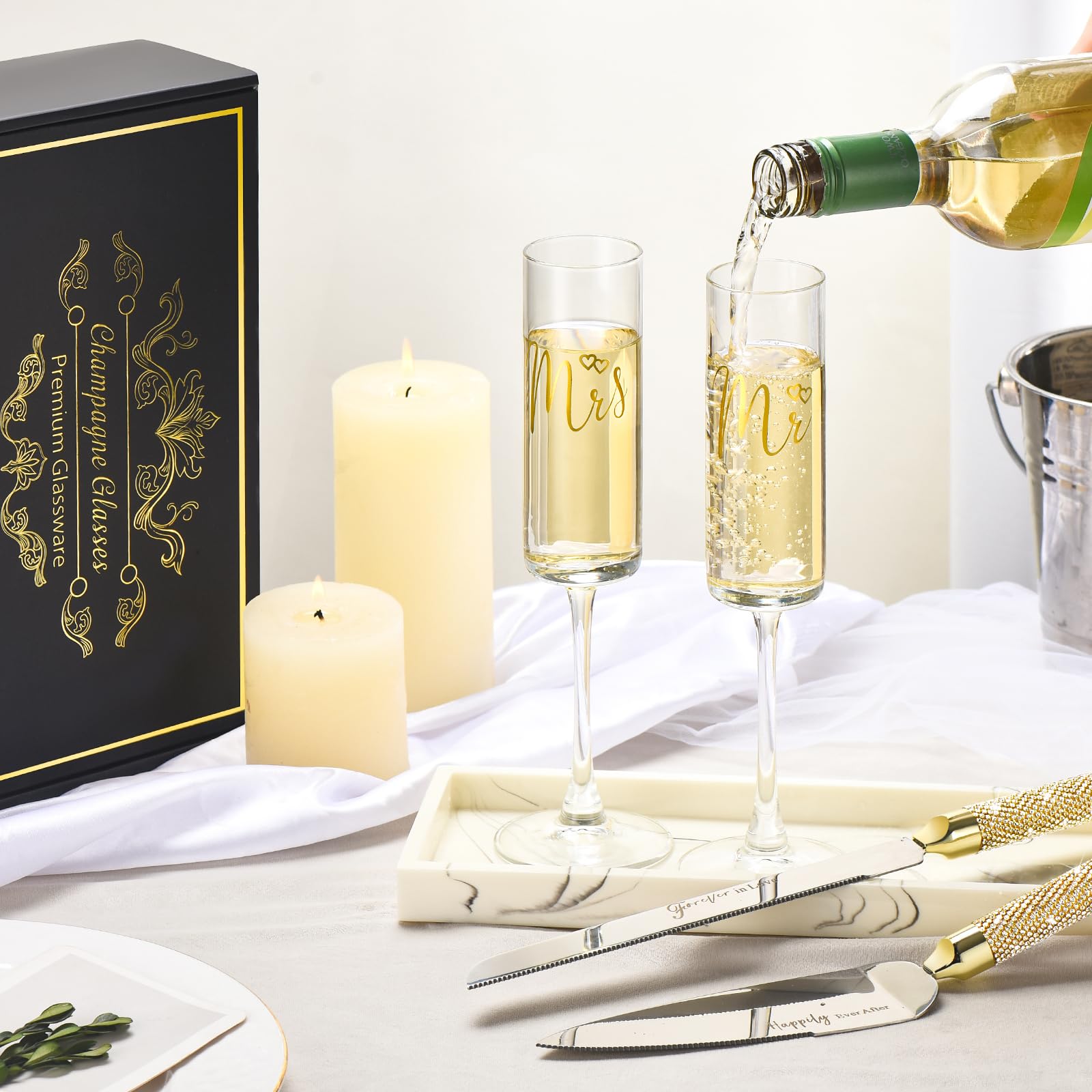 Set Of 2 Mr And Mrs Champagne Toasting Flutes For Bride And Groom, Wedding Wine Glasses For Newlyweds, Engagement Gifts: Champagne Glasses