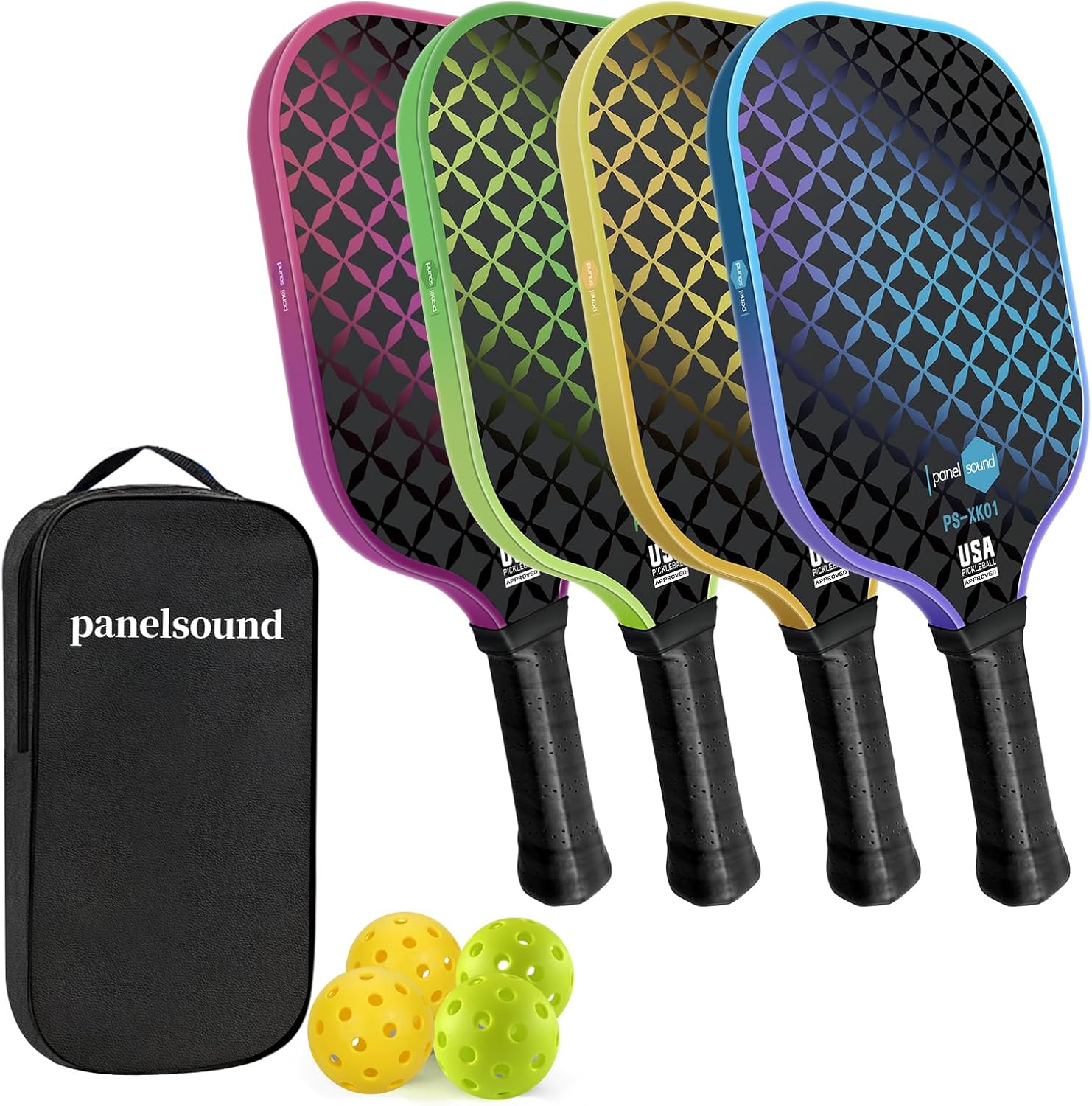 Pickleball Paddles Set of 2 or 4, USAPA Approved Fiberglass Pickleball Racket Set with 4 Outdoor Pickleballs and 1 Carrying Case 4 Pack-4 Colors