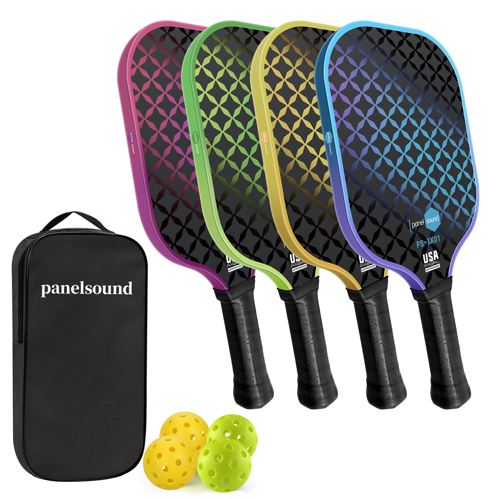 Panel Sound USAPA Approved Fiberglass Pickleball Paddles Set of 2, Lightweight Pickleball Rackets Set, 1 Carrying Case, 2 Cooling Towels & 4 Balls