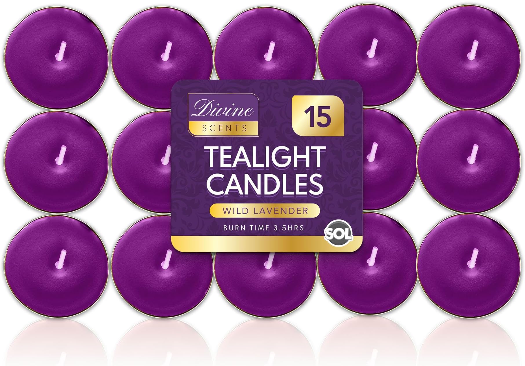 SOL 15pk Wild Lavender Scented Tea Light Candles Long Burning – 3.5 Hour Burn Time, Ideal for Home, Relaxation, Spa, Massage, Romantic Dinners, Weddings & Anniversaries, Festive Decor & Cosy Evenings
