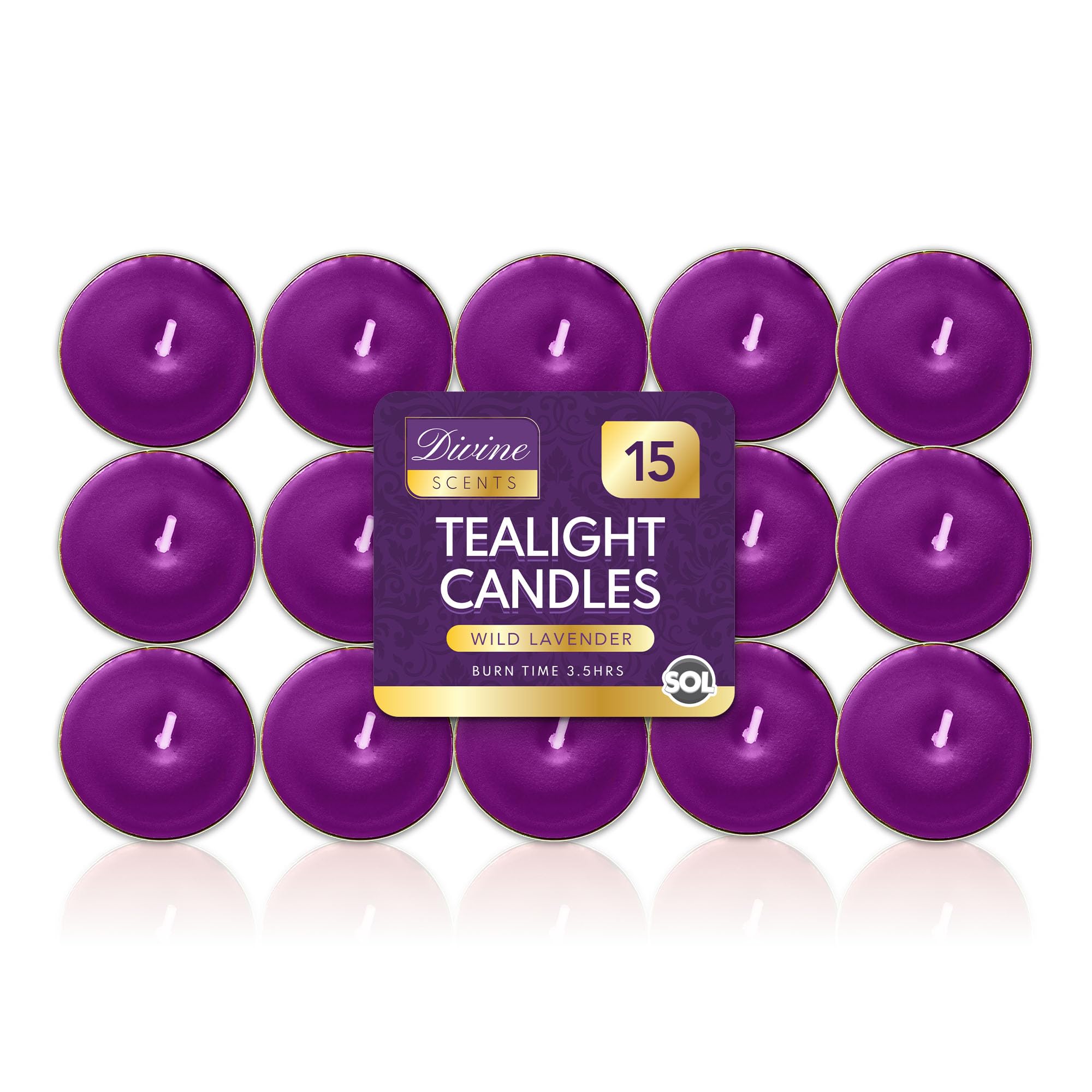 SOL 15pk Wild Lavender Scented Tea Light Candles Long Burning – 3.5 Hour Burn Time, Ideal for Home, Relaxation, Spa, Massage, Romantic Dinners, Weddings & Anniversaries, Festive Decor & Cosy Evenings
