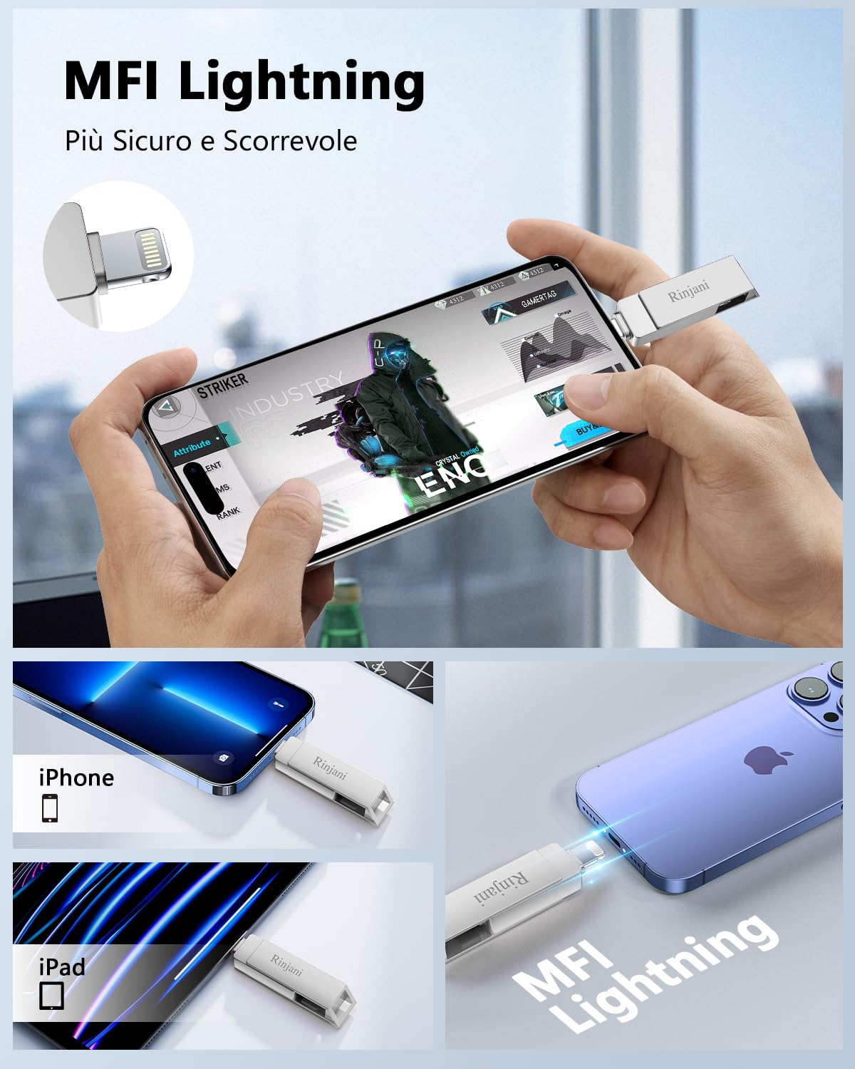 Chiavetta USB 512GB per iPhone MFI Lightning,(Senza APP)Rinjani Chiavetta USB C Per iPhone 15/16/OTG Android Smartphone/iPad/PC,Penna USB 3.0 Pen Drive Memoria Esterna per Scaricare Foto,Video 3 in 1