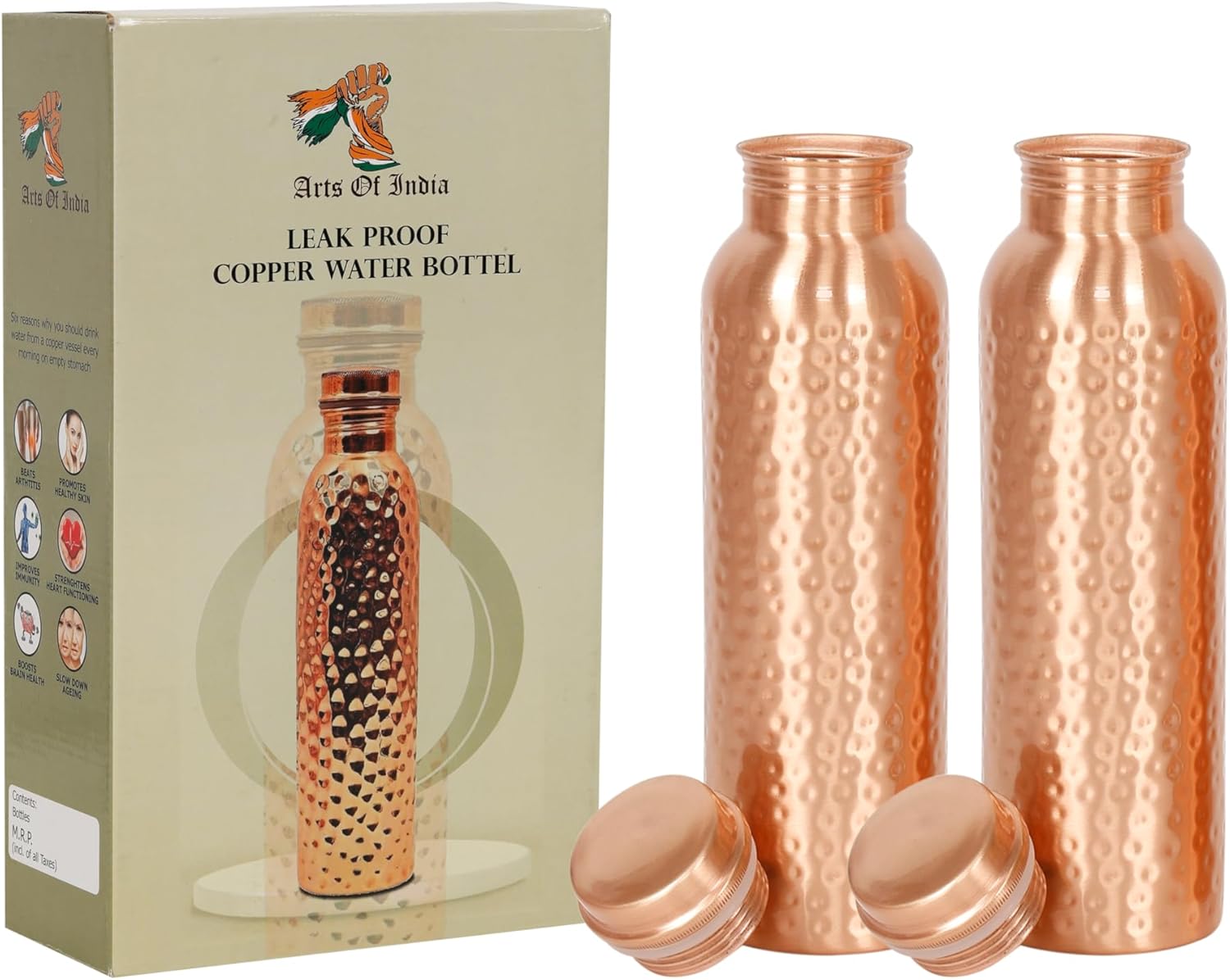 Pure Copper Water Bottle, Drink ware Set, Capacity 1000 ML, Set of 2 ((HAMMERED 2)