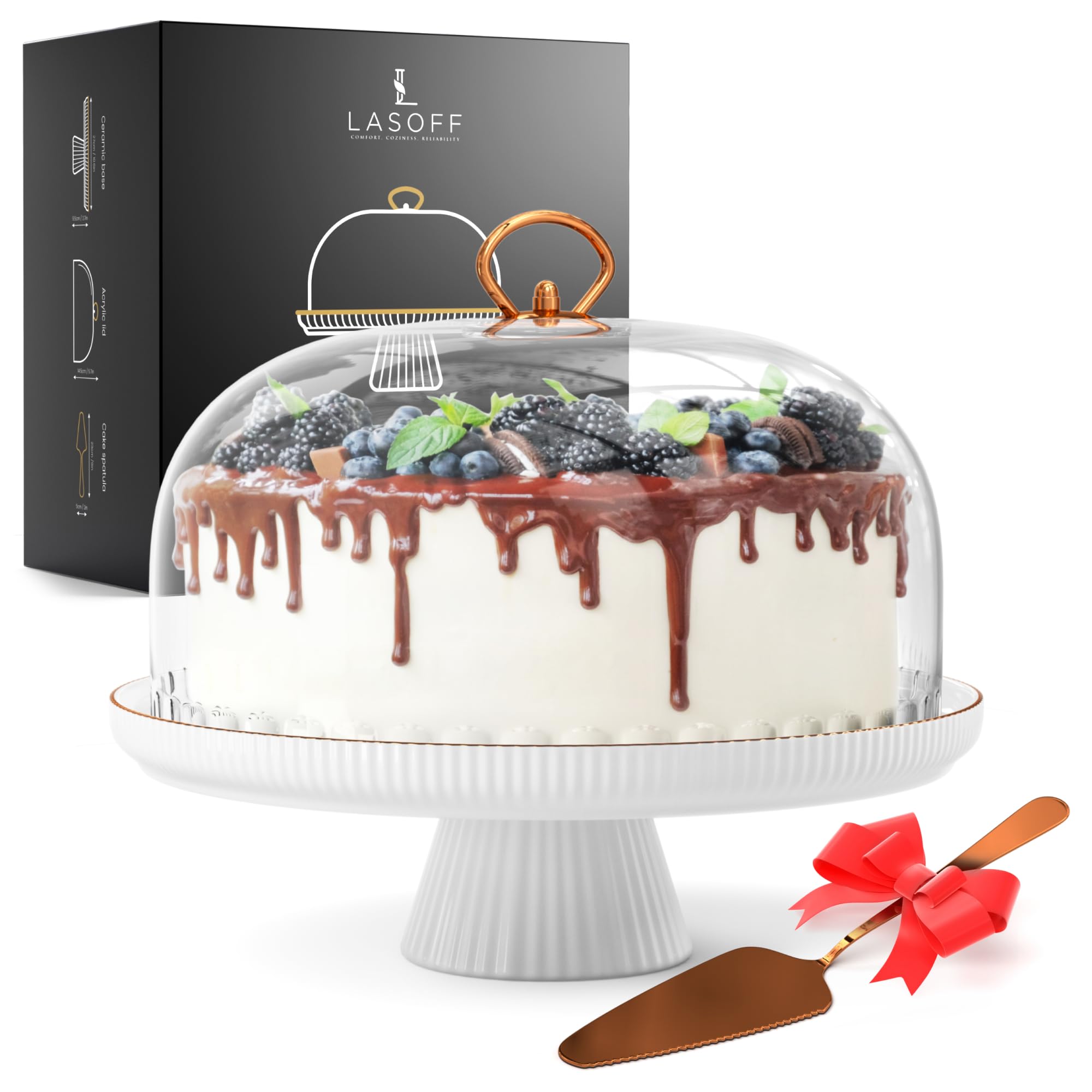 Ceramic White Cake Stand with Lid Acrylic Dome - Covered Serving Platter Elegant Cake Plate Stands - Dessert Tray Cake Holder with Cover, Pastry Display Stand - Cake Stands for Party, Dessert Table
