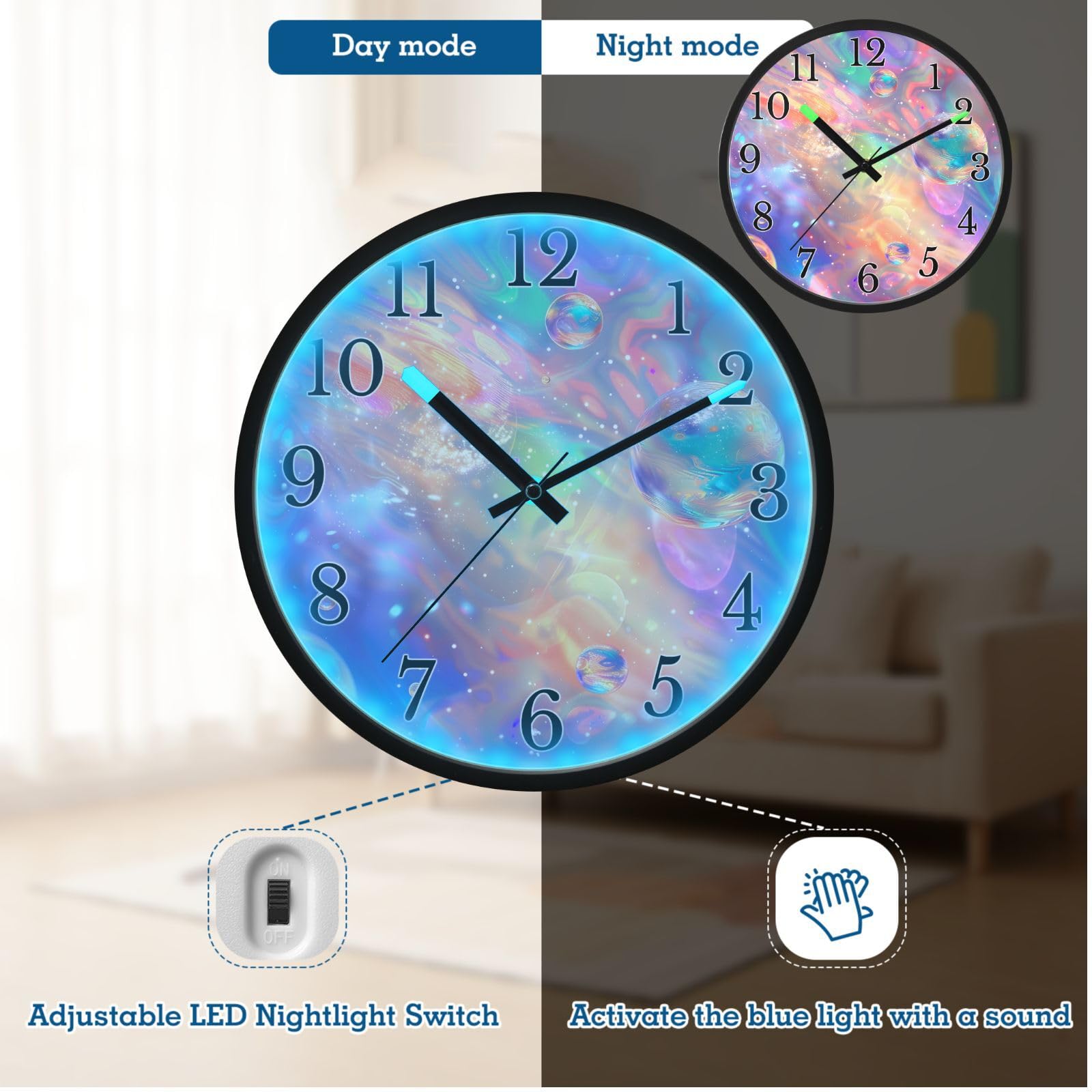 Mnsruu Reloj de pared luminoso con diseño holográfico de galaxia rosa, funciona con pilas, reloj silencioso que brilla en la oscuridad, para sala de estar, cocina, 30,5 cm