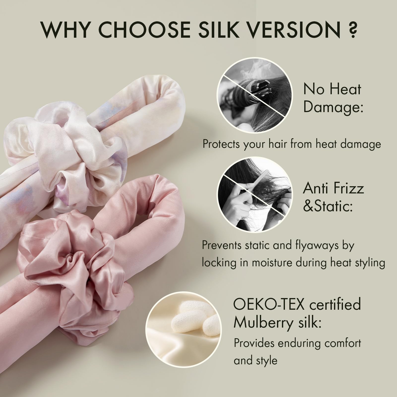 LILYSILK Women 100% Silk Heatless Hair Curler 3pc Set Silk Filled Hair Roller Rods with Adjustable Bowknot Tie Frizz-free Overnight(Black) - Image 4
