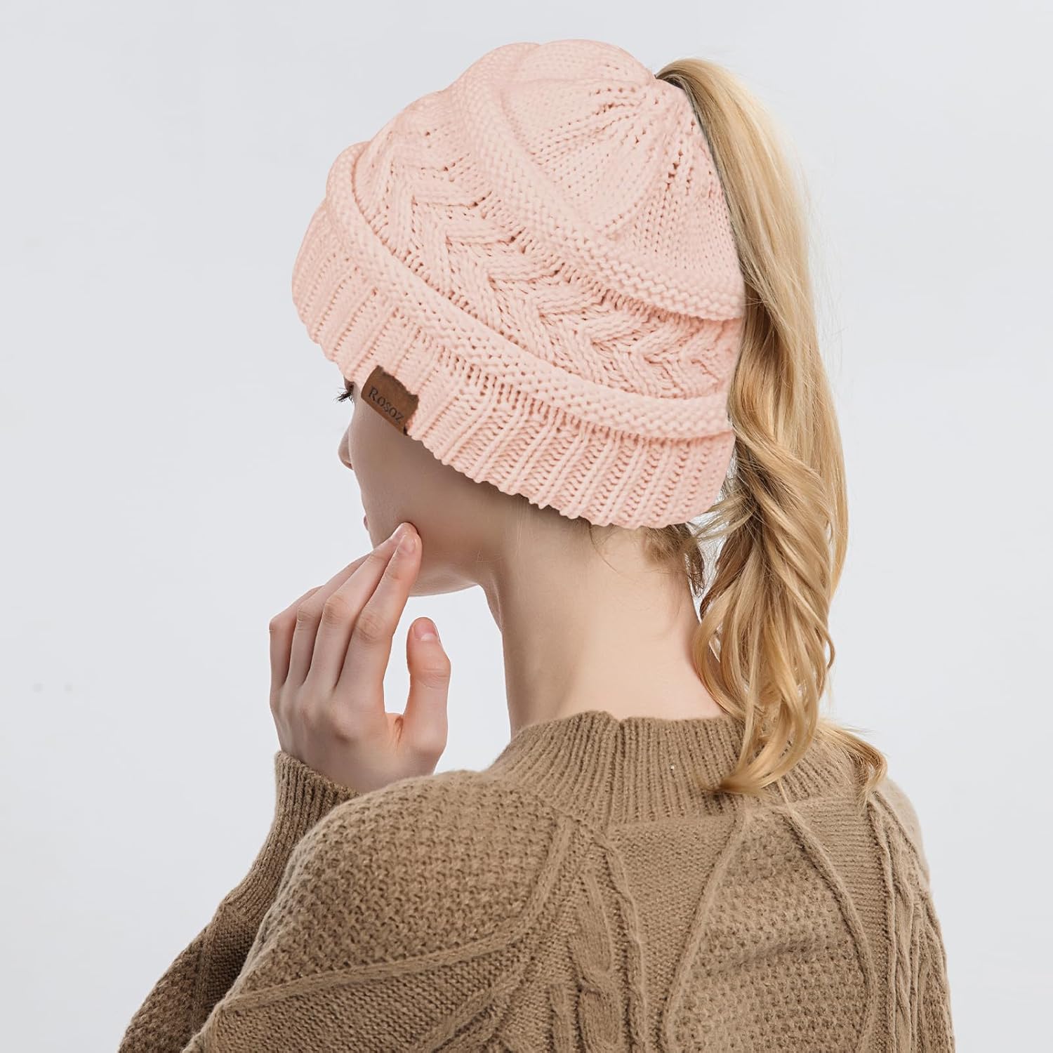 Rosoz 1&2 Packs Ponytail Beanie for Women,Winter Warm Beanie Tail Soft Stretch Cable Knit Messy High Bun Hat - Image 4