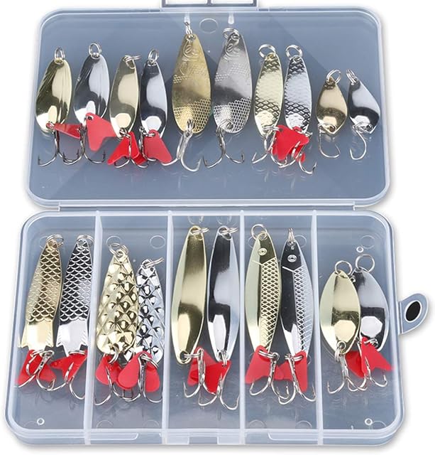 DONQL Fishing Lures Metal Spoons Hard Baits 20pcs Set Metal Fishing Lures Spinner Baits Fish Treble Hooks Tackle Salmon Bass