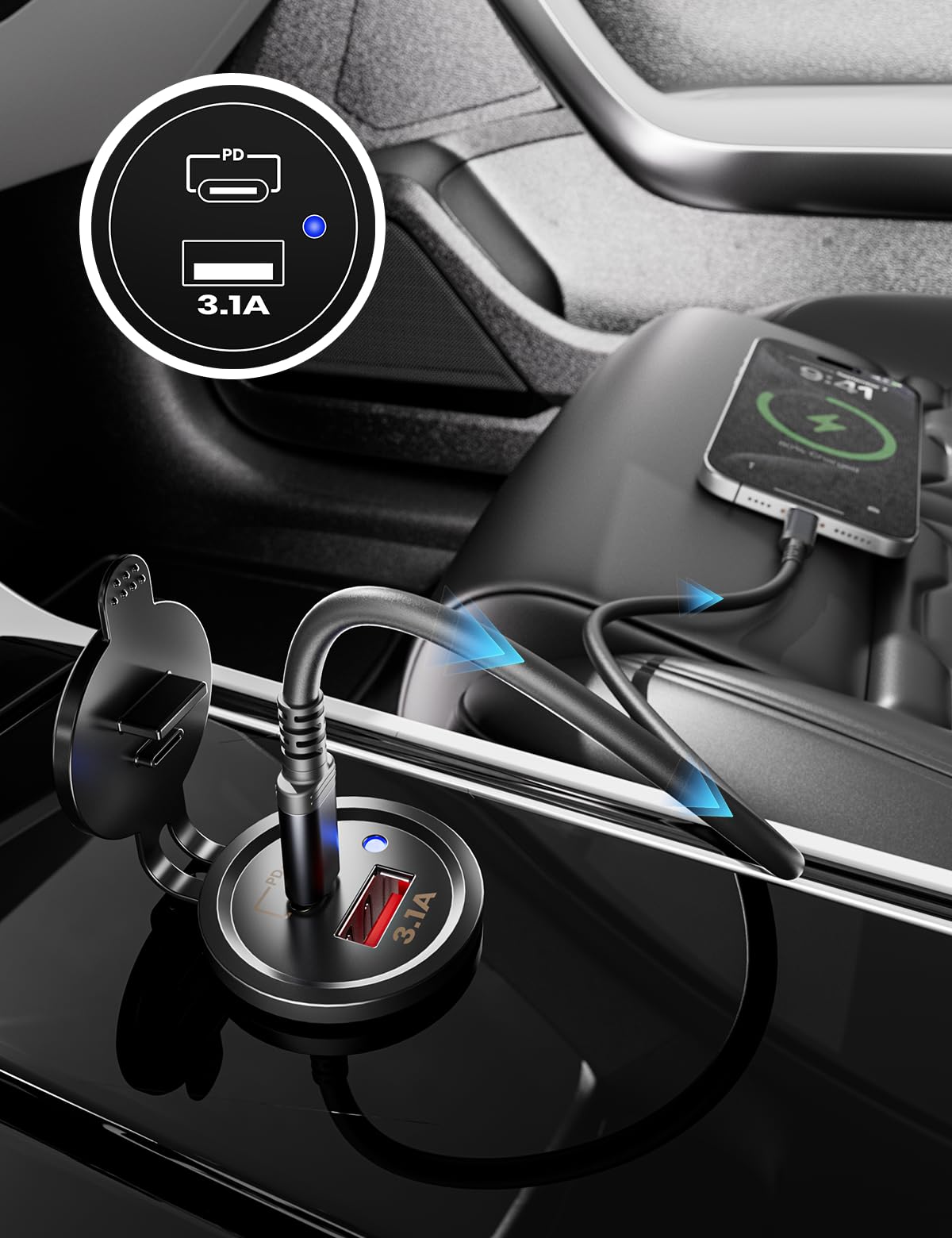 Adattatore USB-C per Accendisigari 15,5W - Presa Auto 12V/24V, 5V/1A & 5V/2,1A PD - Caricatore per iPhone, Samsung Galaxy, Huawei, Xiaomi, Sony con Spia Luminosa Blu (15.5W PD+USB)