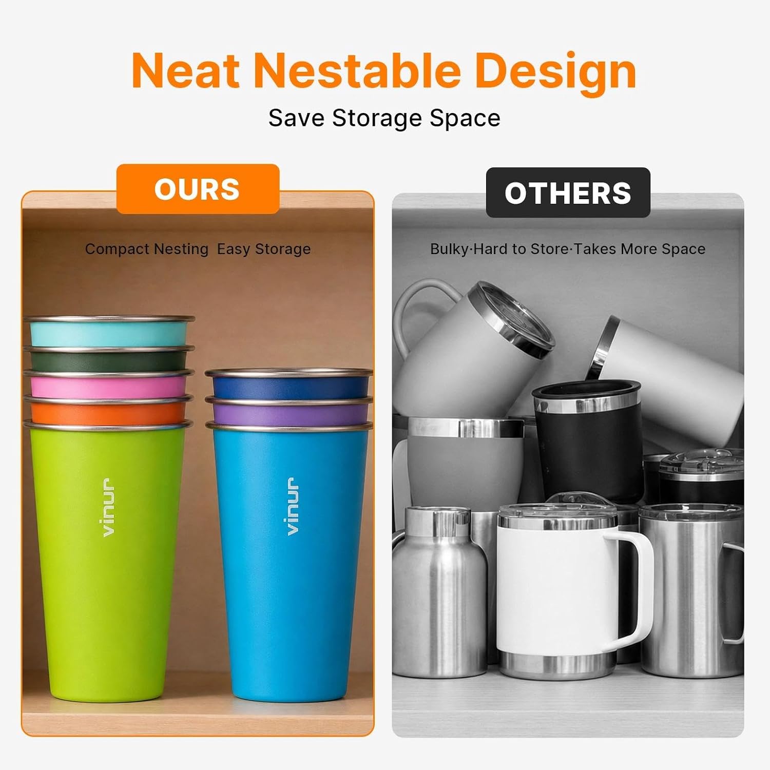 Stainless Steel Cups-20 oz Colorful Stackable Metal Drinking Glasses 8 Pcs
