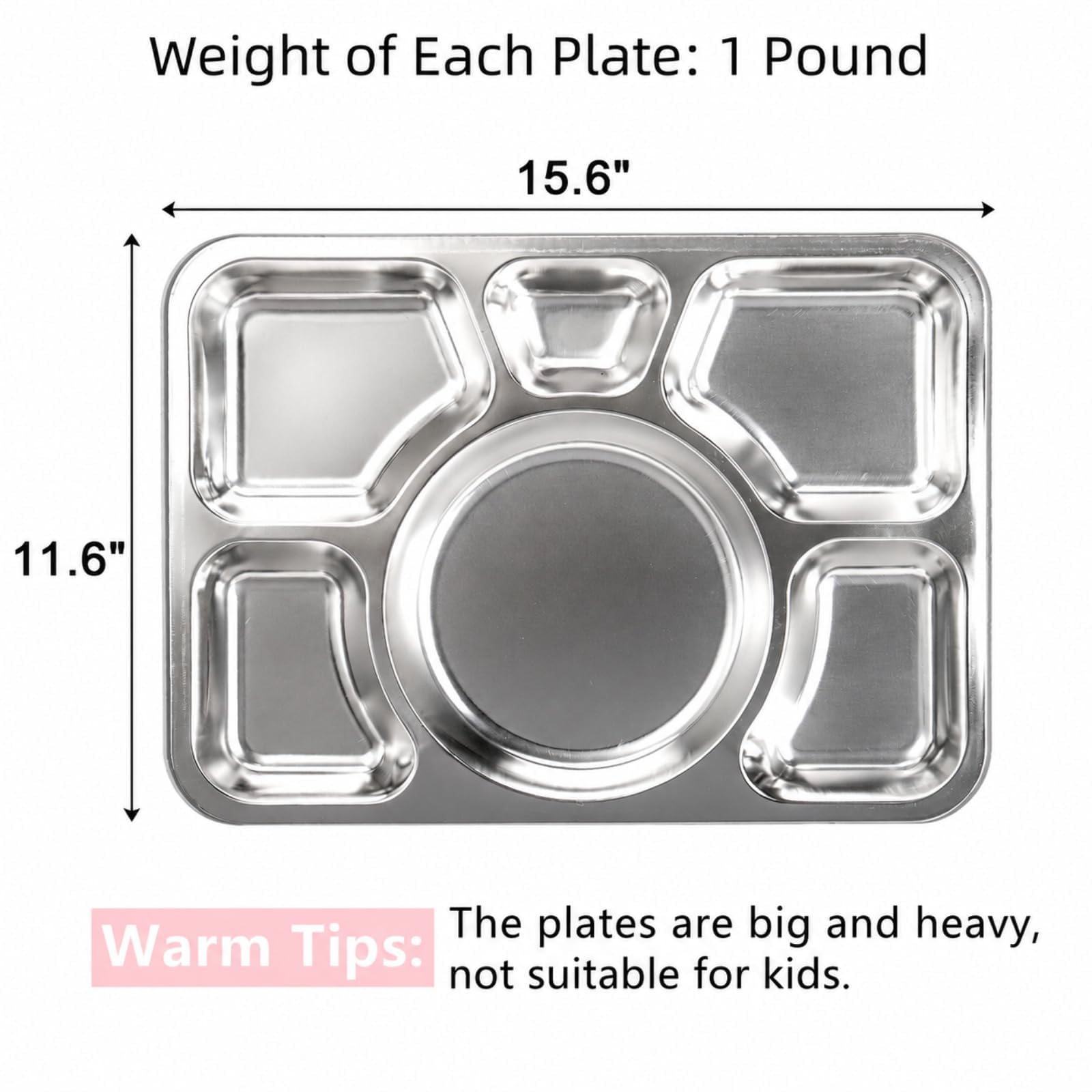 Hacaroa 4 Stück Edelstahl Geteilt Abendessen Teller, 38 x 27 cm Snack Servierplatte mit 6 Fach, Metall Lebensmittel Tabletts für Kinder, Erwachsene, Camping, Diät Portion Control