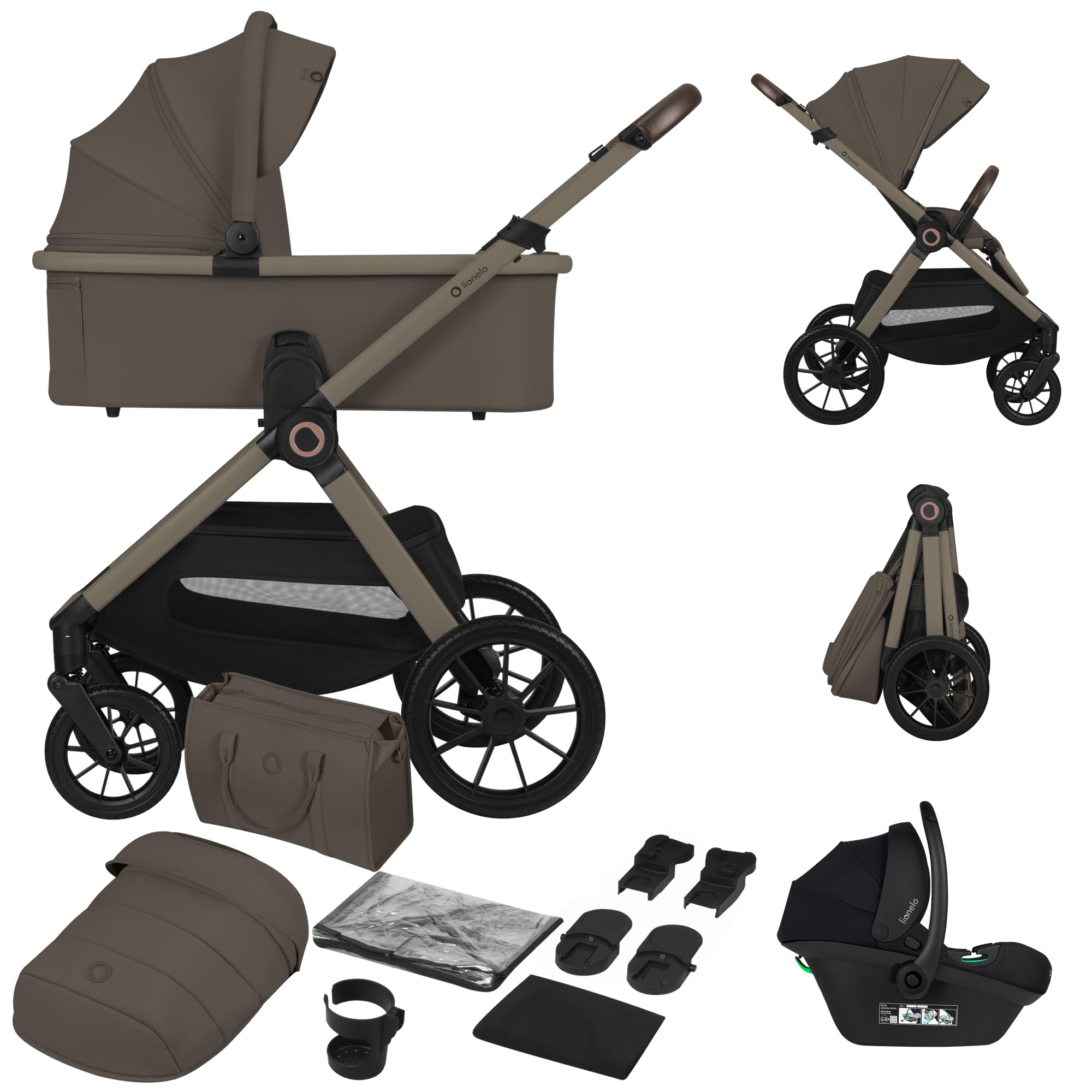 LIONELO Layla Passeggino 3 in 1 con Navicella e Seggiolino Auto, 0-48 Mesi | Fino a 22 kg, Navicella fino a 9 kg, Schienale e Poggiapiedi Regolabili, Ruote PU 360°, Sospensioni Complete, Cappottina XXL