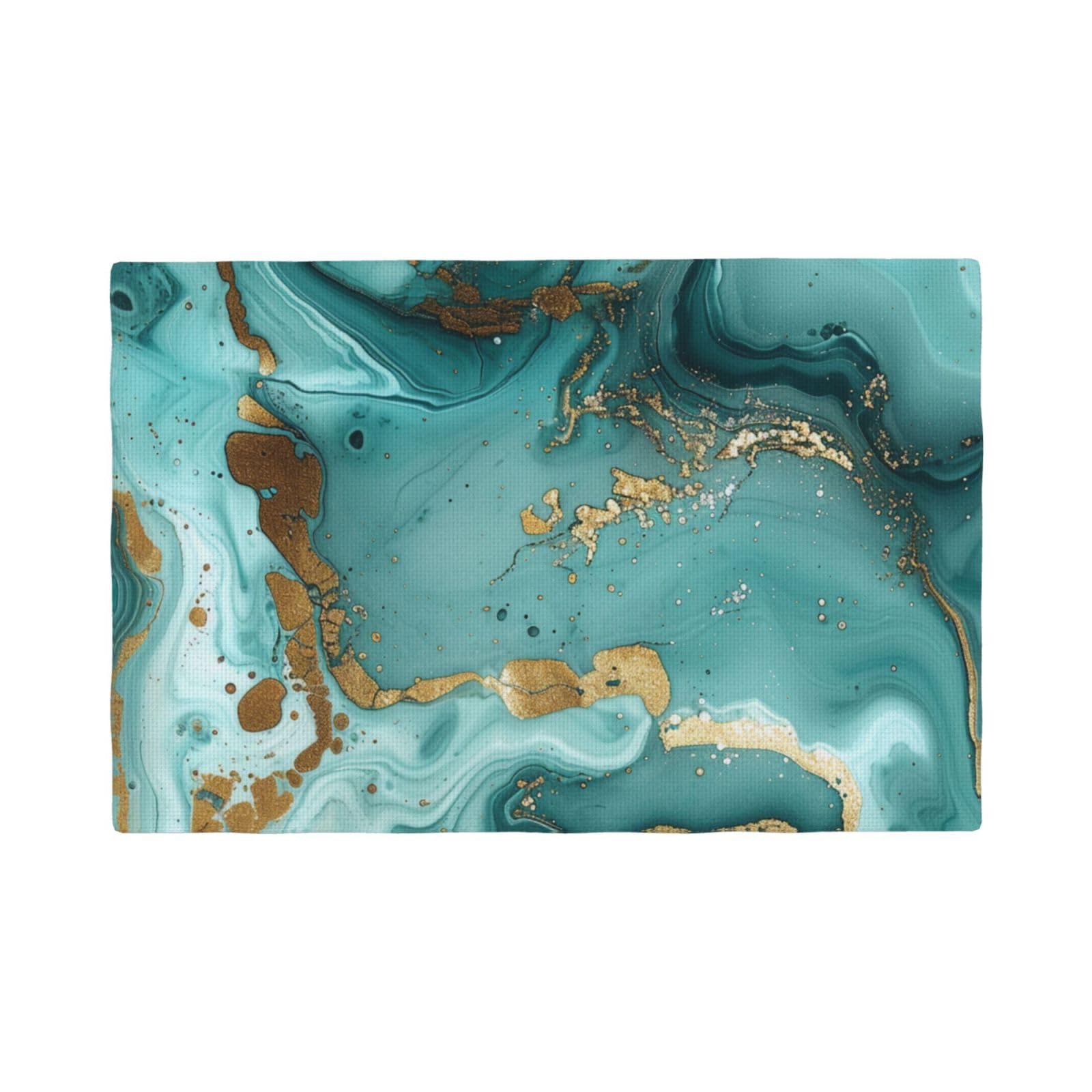 Lrhcnzdcp 6 Pcs Teal And Gold Marble Printing Linen Placemats Set Of Non-Slip Heat Resistant Table Place Mat 45X30 Cm For Dining Table Decorative
