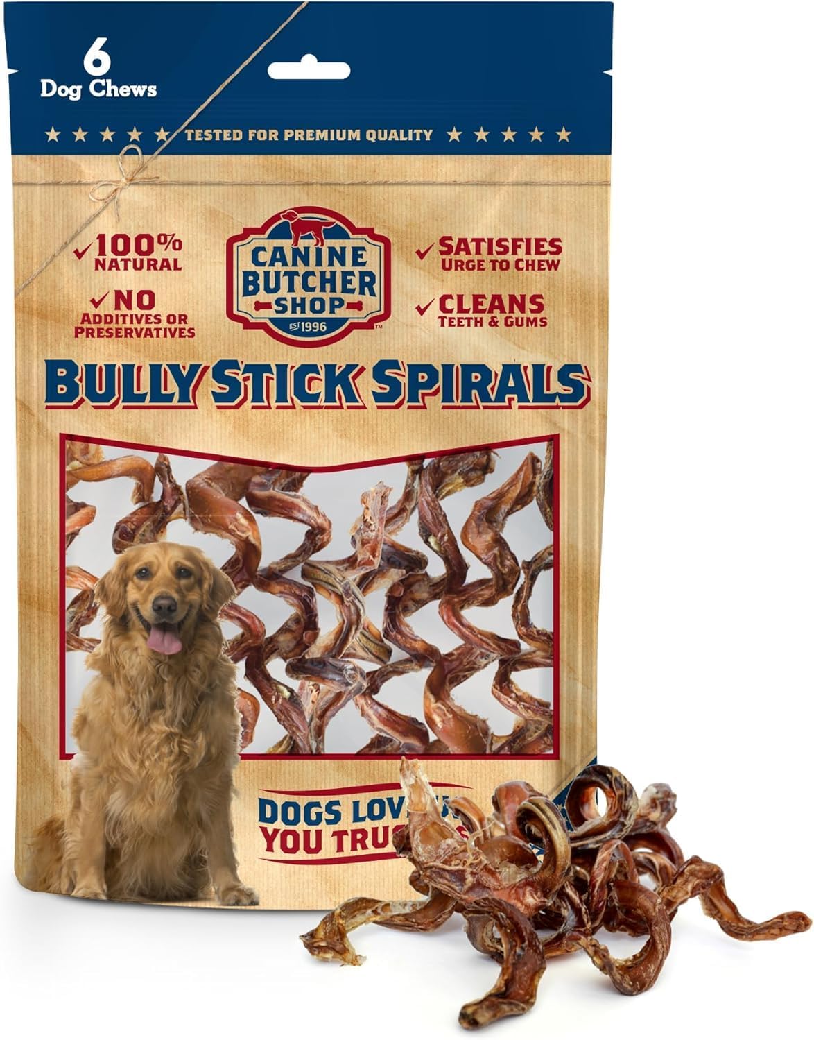 Bully Stick Spirals/Springs Raised & Made in USA, (Pack of 6), Odor Free, All-Natural Dog Chews, Treats