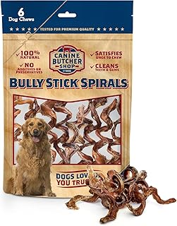 Bully Stick Spirals/Springs Raised & Made in USA, (Pack of 6), Odor Free, All-Natural Dog Chews, Treats
