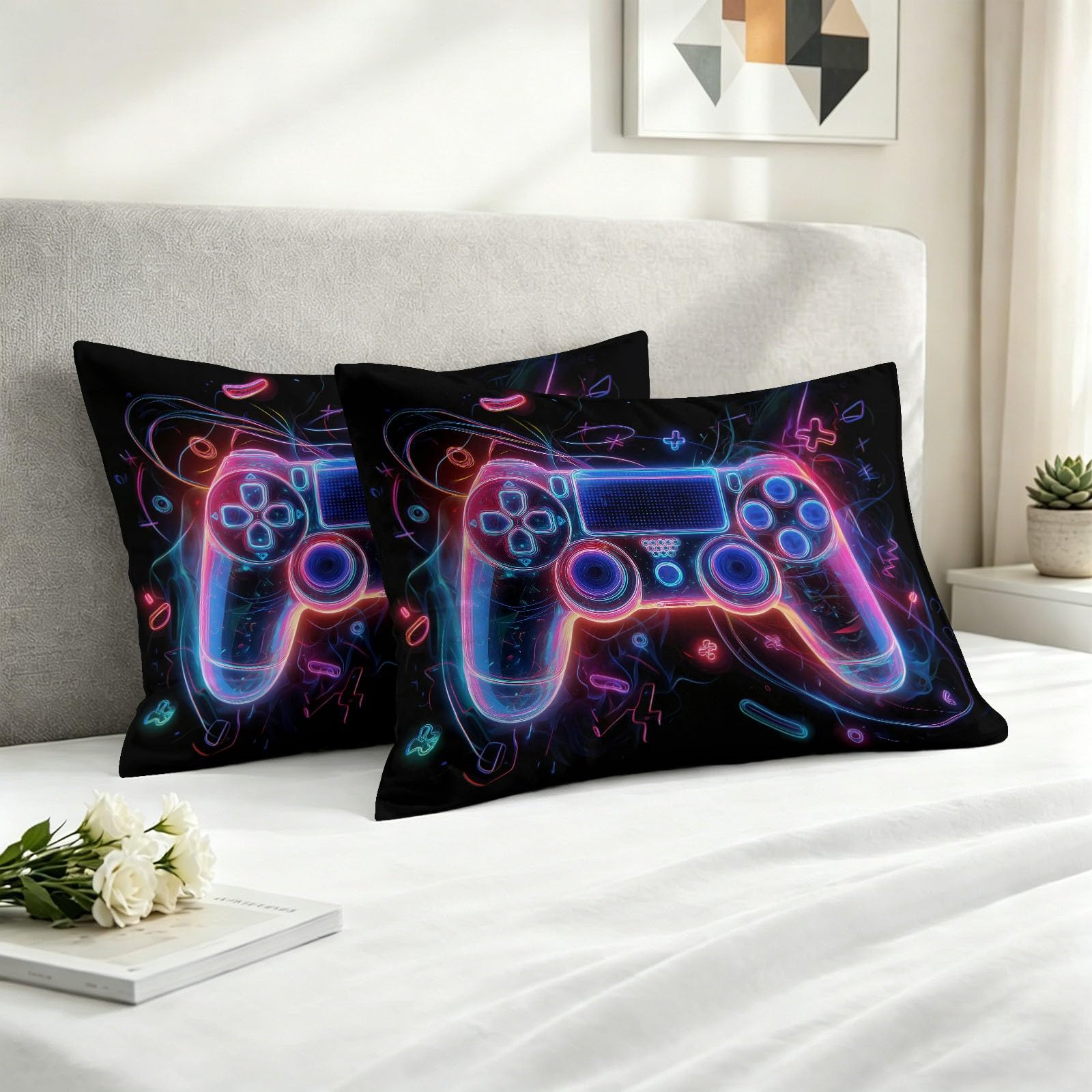 Juego de vídeo - Funda nórdica de 240 x 260 cm, juego de cama para 2 personas, de microfibra suave, mando juego de vídeo luminoso 3D, funda nórdica con 2 fundas de almohada para niño adolescente