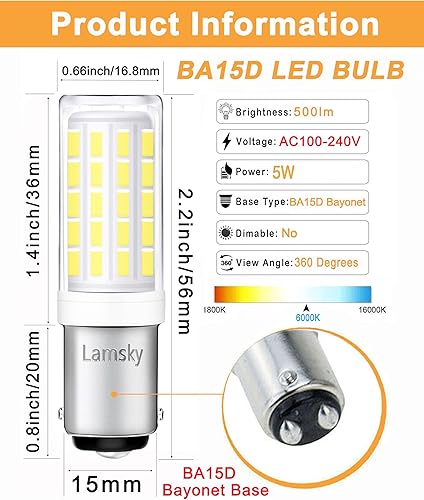Miniatura 2 de Lamsky Bombilla LED BA15D, luz diurna blanca de 5 W, 6000 K, AC110 V120 V220 V, doble base de bayoneta, 54 x 4014SMD LED 500 lm, repuesto halógeno