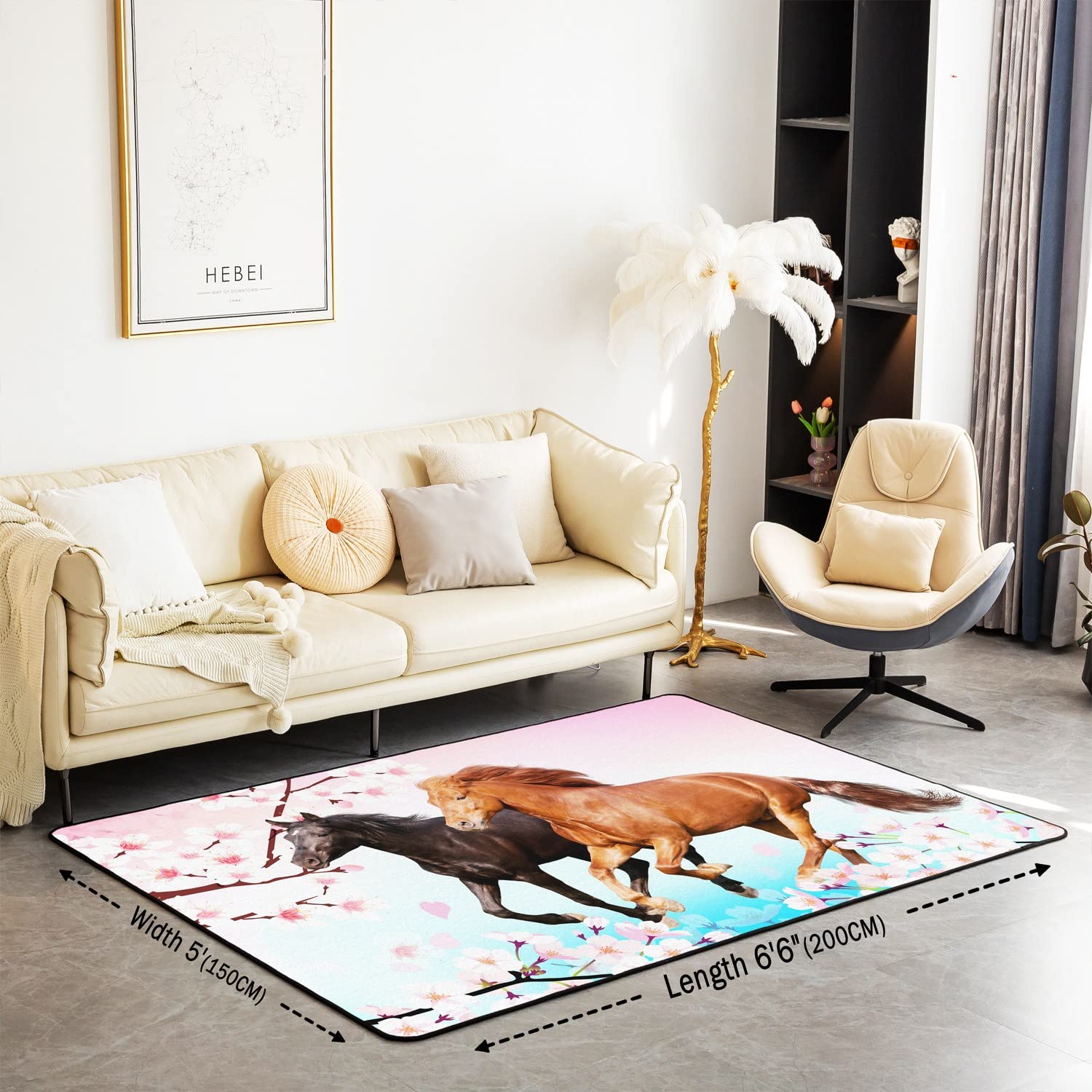 Homemissing Cheval Tapis De Salon 100x150cm Salon Tapis Chambre À Coucher Doux Et Confortable Run Cheval Cherry Flower Decoration De Sol Enfants Filles Teen Room Decoration