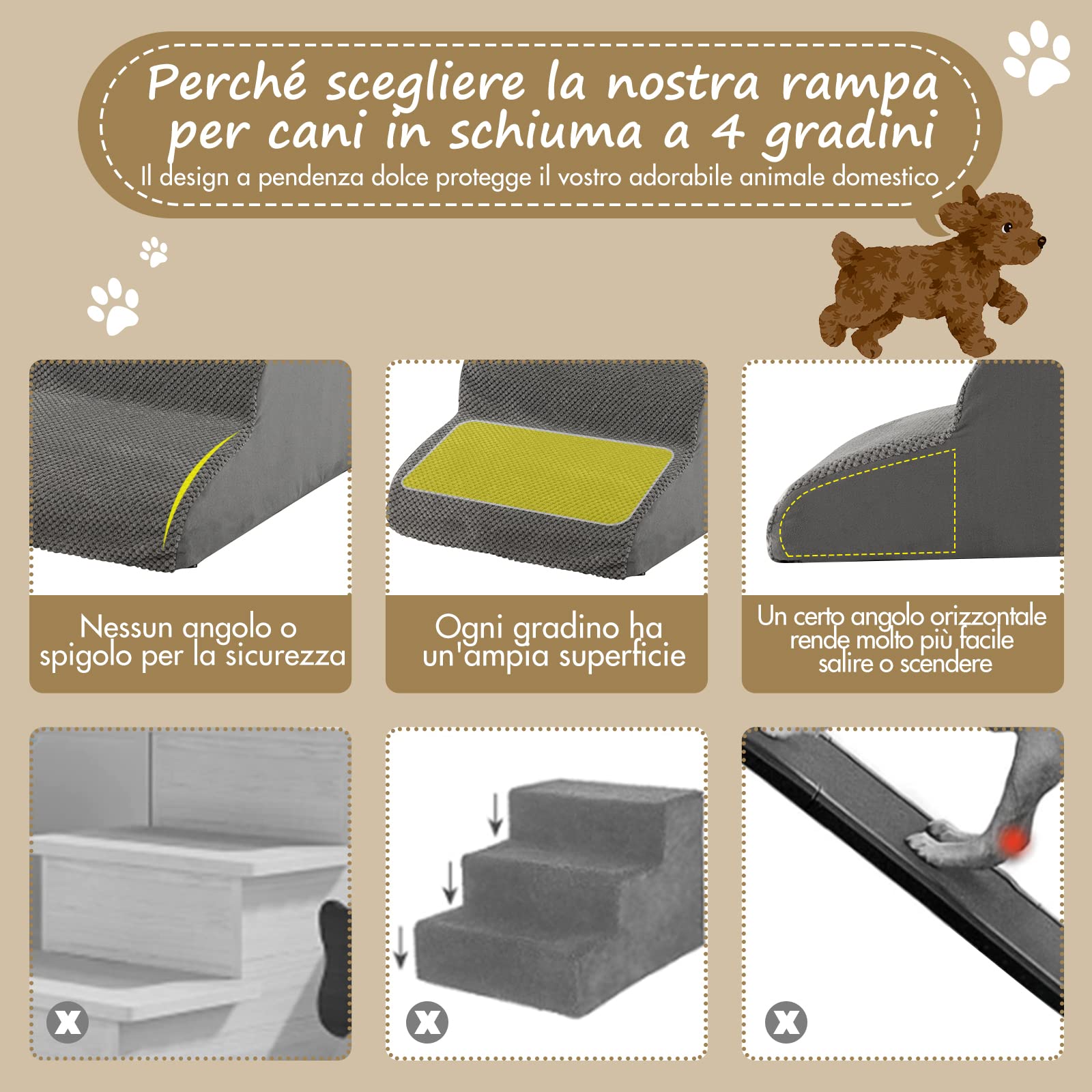 COSTWAY Rampa per Cani con 4 Scalini in Schiuma, Scala per Animali con Copertura Lavabile con Cerniera, Ideale per Animali Piccoli, Anziani e Feriti, 41 x 72 x 51 cm, Portata 30 kg