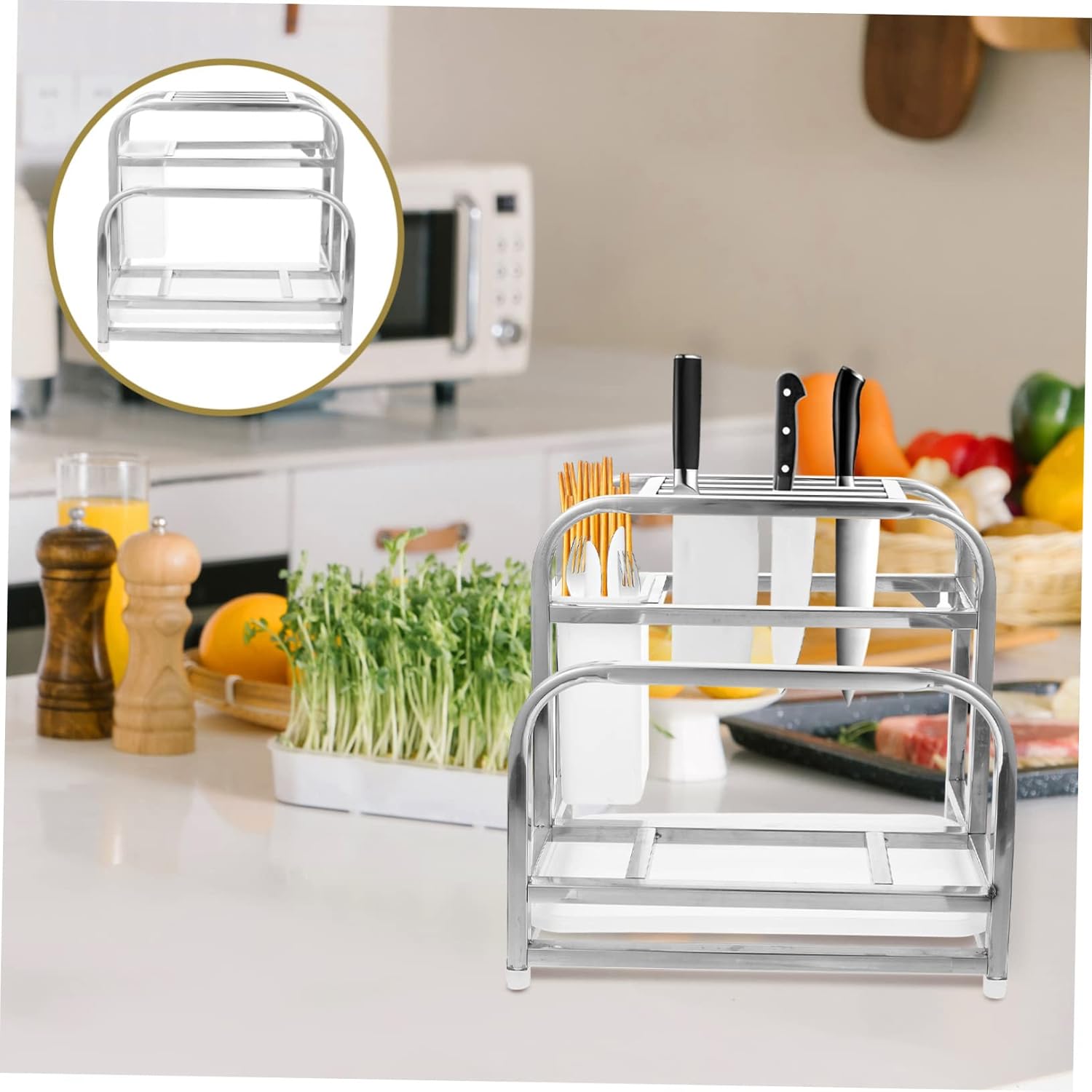 Multi Purpose Kitchen Storage Rack with Chopsticks Holder and Cutting Board Frame Organizer with Rounded Edges Easy Clean Design for Home Utensils and Cutlery