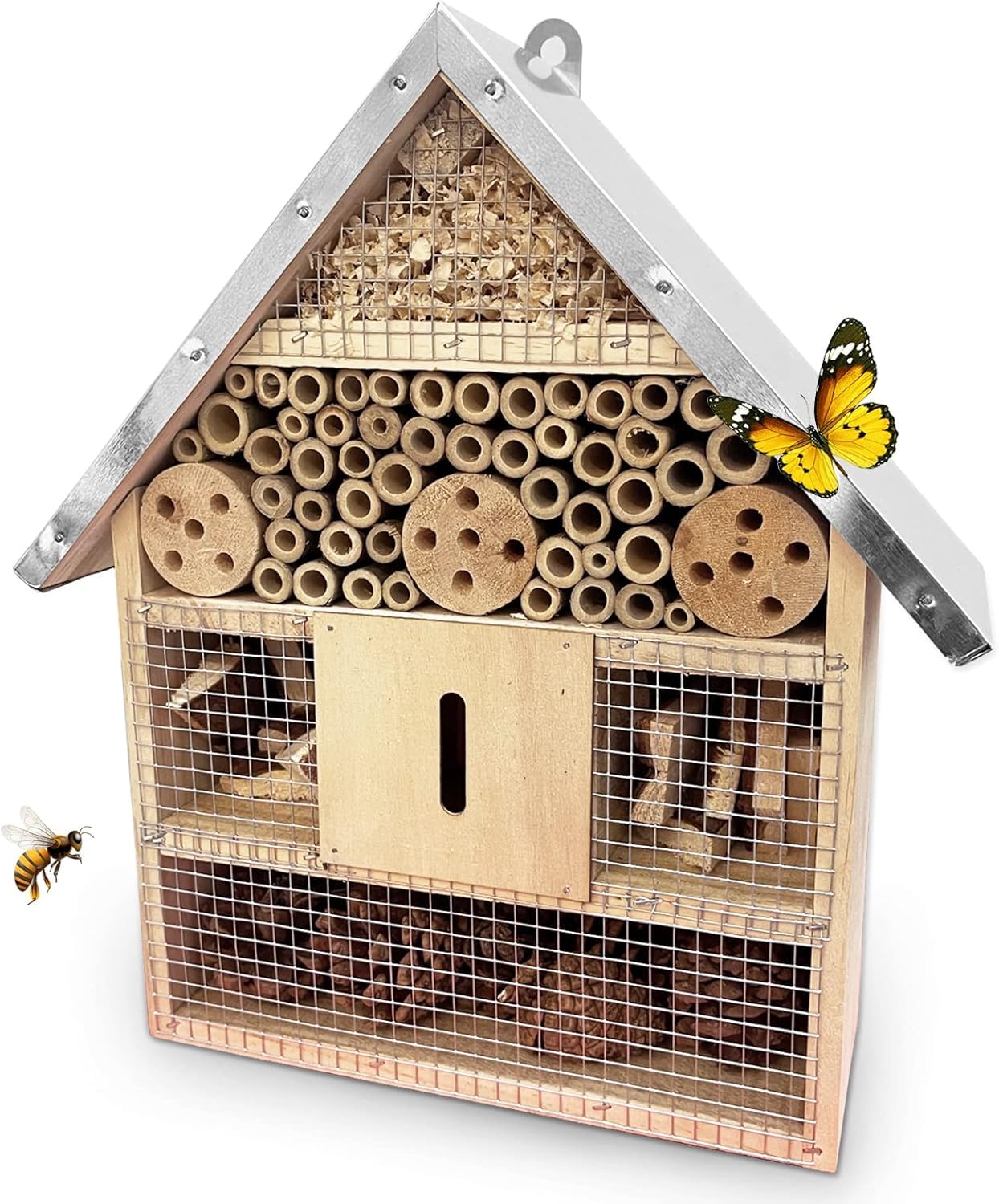 Hotel De Insectos para Exterior Colgar, Casa De Insectos De Madera para La Decoración del Jardín Arbol, Casita Insectos con Techo Metalico Y Gancho, para Abeja Mariposa Mariquitas Vivas Insectos