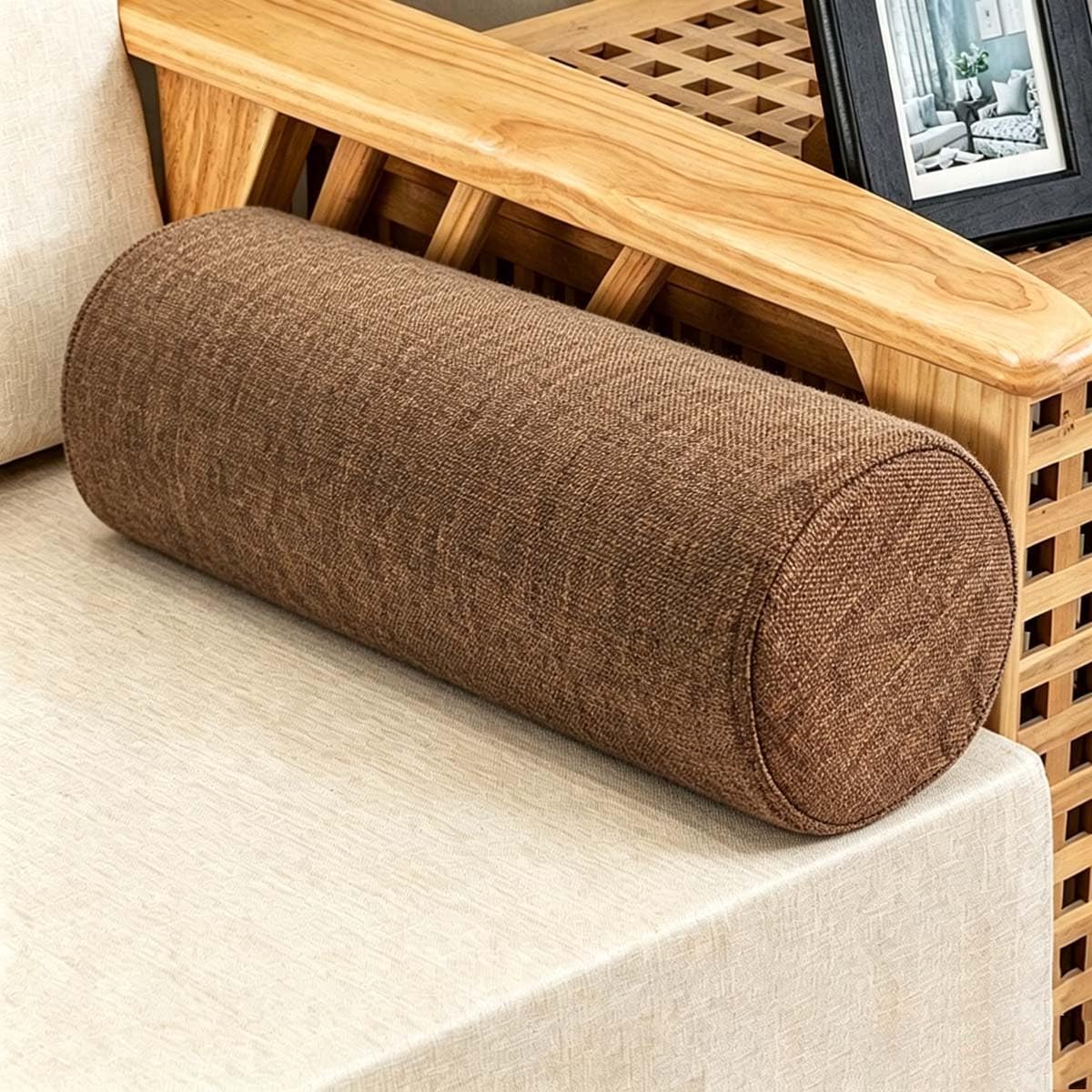 Akuops Round Bolster Cushion, Cuddly Soft Linen Neck Pillow, Knee Roll Cushions, Round Back Lumbar Elbow Support for Armrest at Sofa & Bed, Compact and Lightweight (90x20cm,Brown)